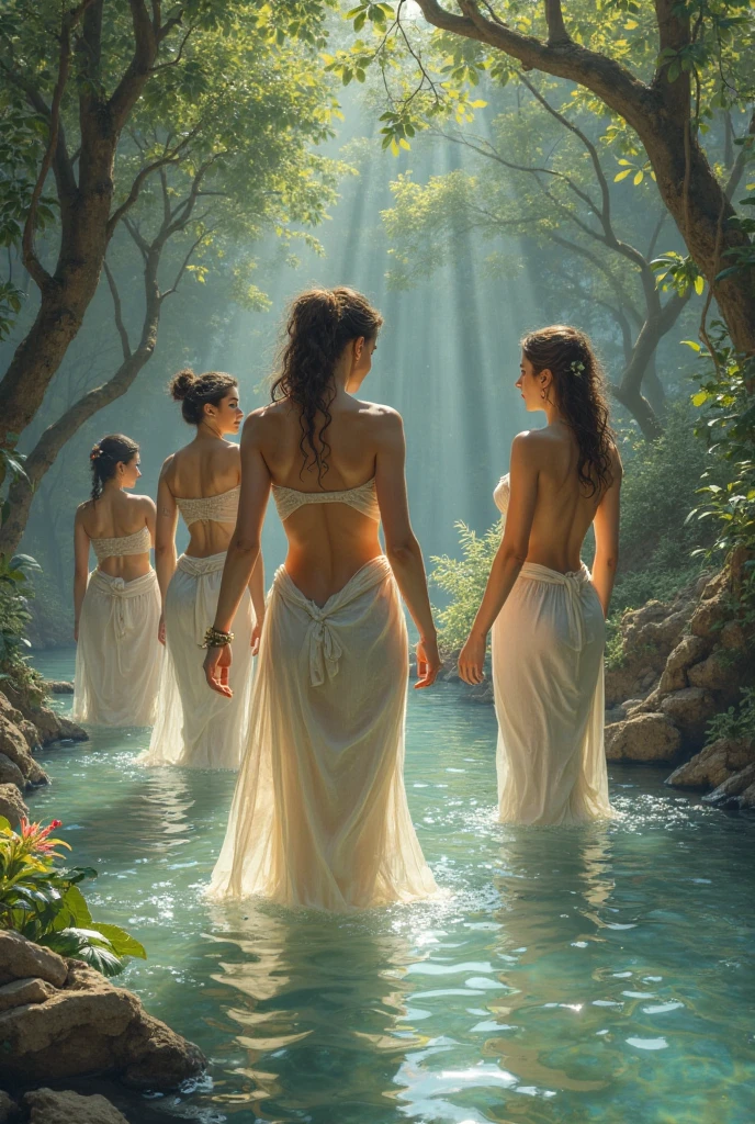 ll body many giant greek woman take a bath and talking together, river, water, litter flower, plan, tree far away, dramatic sky, dramatic cloud, on a dust field, full body, naked, female greek,female greek god, white hair, hairy torso, fantasy, intricate, elegant, highly detailed, digital painting, artstation, concept art, smooth, sharp focus, illustration, art by gaston bussiere and alphonse mucha, naked