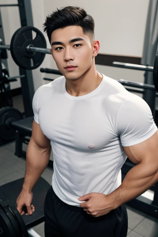 Handsome, 25 years old, Asian, master work, best picture quality, higher quality, high detail, super high resolution, 8k resolution, delicate facial features, boy, big muscles, tattoos, glowing eyes, short hair, hair details, upper body, [[look away, look to the side, emphasize homosexuality and pay attention to every detail , gym, white rubber pants, ((((crotch bulge))))) fitness equipment background