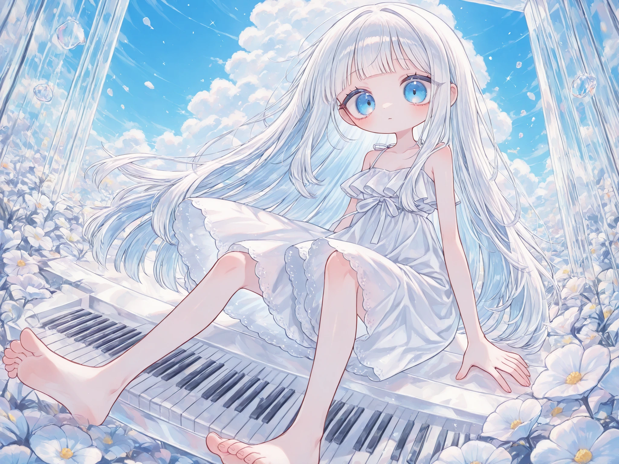 (edanoma_meu_illu,) Albino: She has straight white hair without bangs. She has blue eyes. She is wearing a white lace summer dress with white ribbons at the waist. She walks barefoot and plays on a transparent glass piano. in the background: a sunny day, blue sky with light rainbow clouds over an endless field of nemophiles, blue flowers. There is a transparent glass piano in the center of a blooming field. Nearby, a transparent glass staircase leads to the sky. The notes build skyscrapers out of glass.