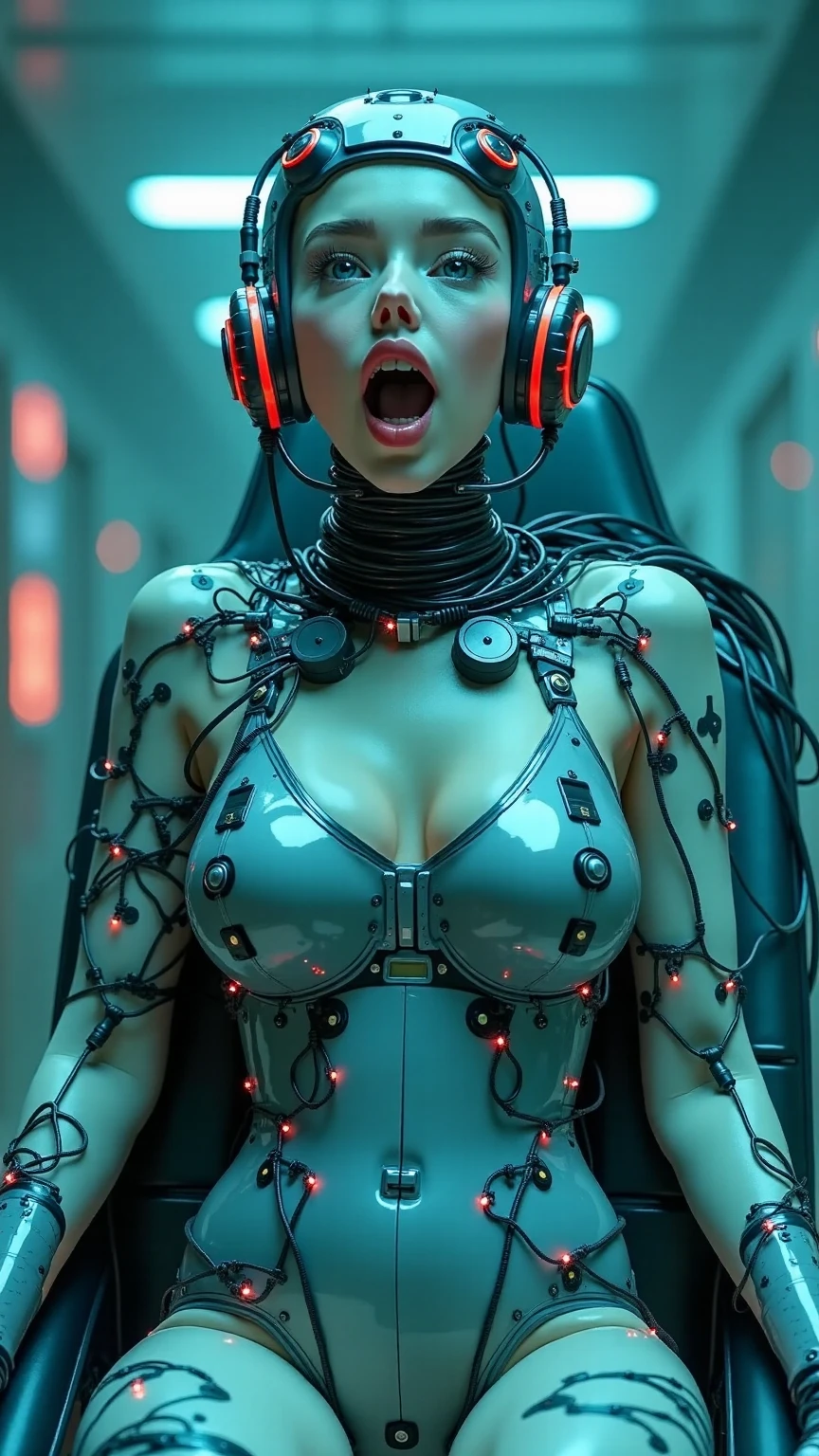 (((Masterpiece))), ((Best Quality)), (Super Detail), (CG Illustration), (Very Evil and Beautiful)), Cinematic Light, ((1 Mechanical Girl)), Single, (Mechanical Art: 1.4), ((Mechanical limb)), (Blood vessel attached to a tube), ((Mechanical spine attached to the back)), ((Mechanical cervical vertebrae attached to the neck), expressionless, ( Wires and cables attached to the head and body: 1.5), Science Fiction, Apocalypse, Ruins, (Lower Body Integrated with Mechanical Devices), (Blood: 1.5), Cruelty, Absurdity, Eroticism, Fusion with Machines, Doomsday Time, Super Future, Inorganic, Laboratory, Restraint, (Beautiful Indulgence: 1.2), (1 Girl: 1.3), Body Wrapped Around Mechanical Tentacles, ((big boobies)), long black hair, big tits on focus, ((balck latex brassiere)), (((wearing a VR Headsets)))