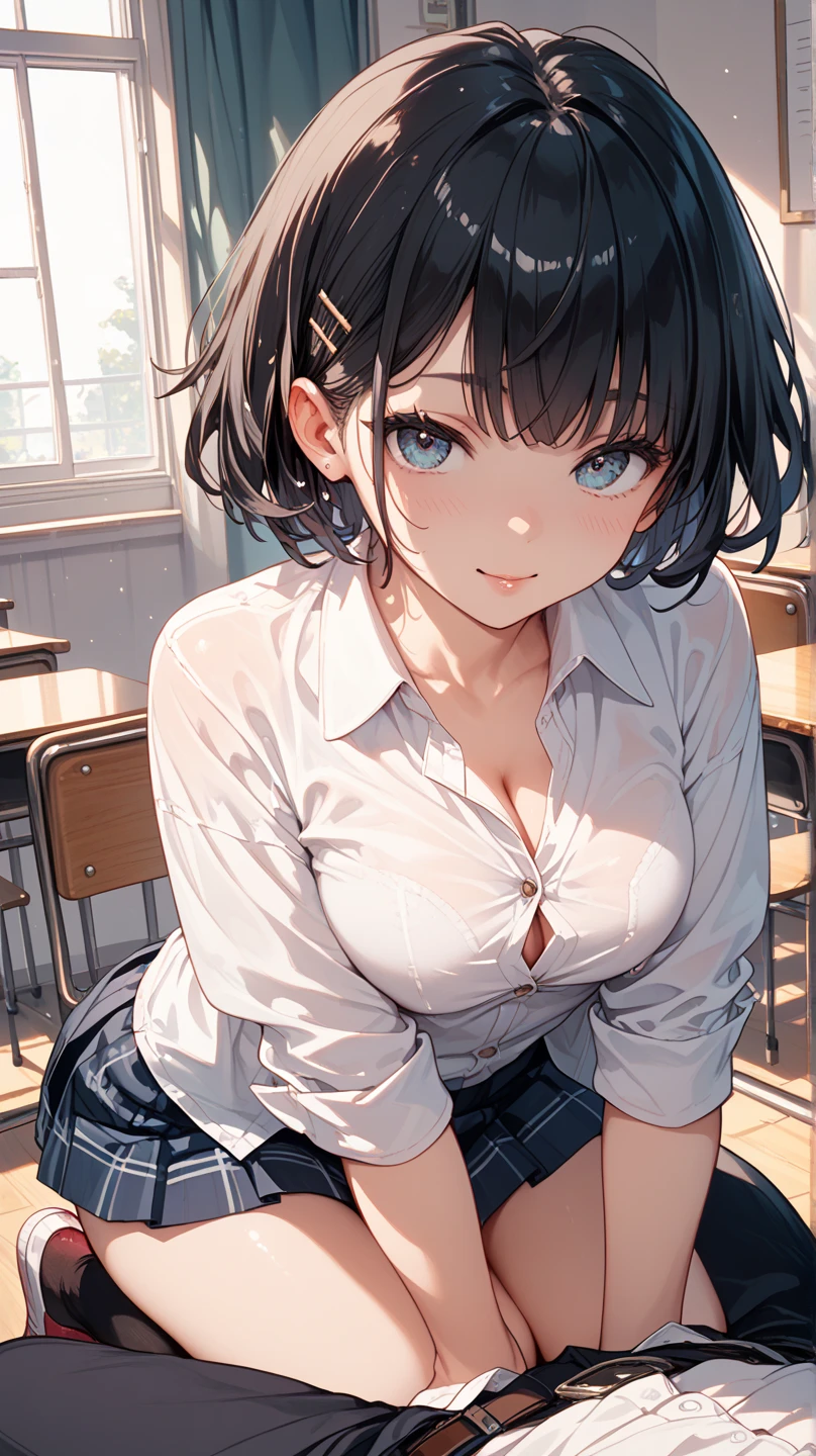 masterpiece, top quality, high resolution, masterpiece, adult woman, single, light blue best sweater, pleated mini skirt, black miniskirt, short hair, evil smile, black hair, evil smile, evil plan, school uniform, uniform, blue eyes, classroom