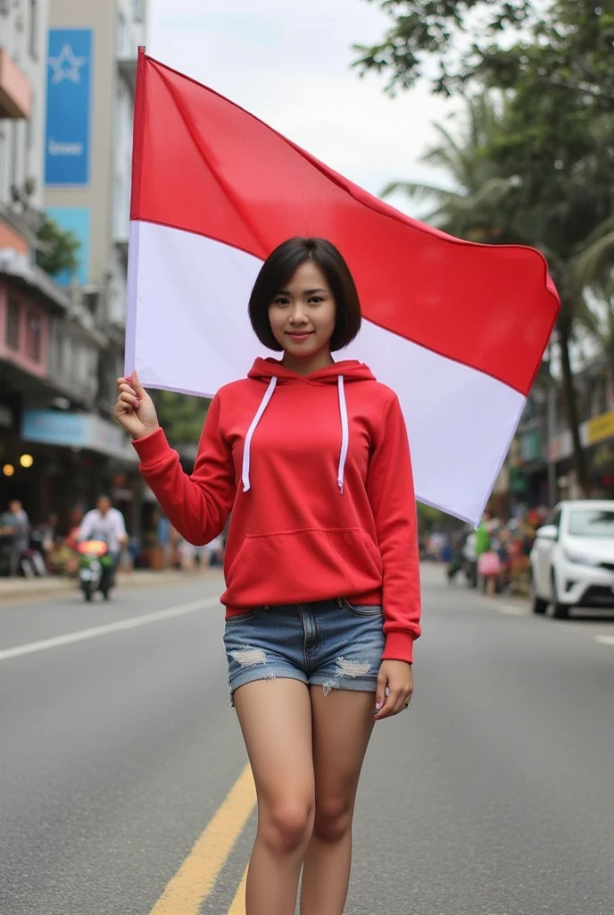 Beautiful indo women, hijab, red long t-shirt and long pants blue jeans,holding a white and red flag, and wall in the back with text "INDONESIA MERDEKA"79" and showing it to the viewer