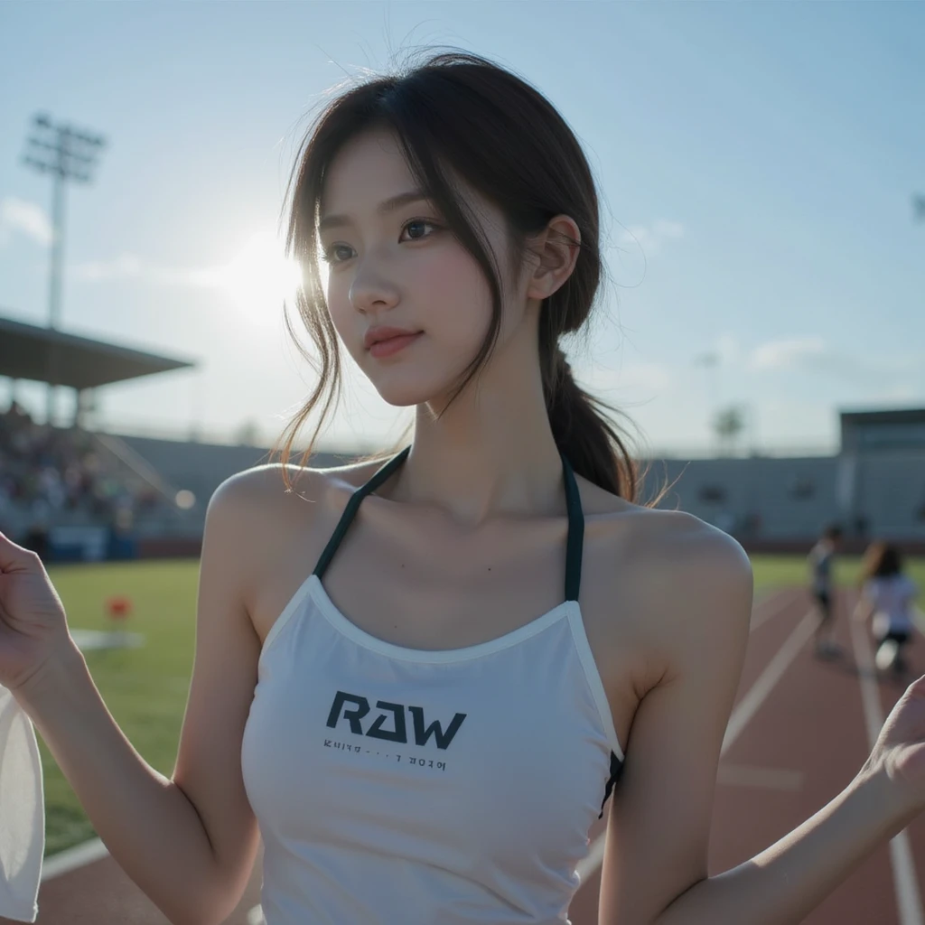 pieces fly、masterpiece、highest quality、Super detailed、High resolution、High resolution、8K portrait、Unity 8k壁紙のHigh resolutionCG、unity 8k wallpaper、cute:1.5、:1.5、Highly detailed CG unity 8k wallpaper、realistic、real person、cute、 portrait photography、shiny skin、High resolution、(20-year-old:1.2)、(1 girl)、beautiful clear eyes、very detailed explanation、delicate face、nice lips、slender body、thin waist、long and thin legs、(athletics stadium:1.3)、(small :1.6)、(Colorful sleeveless track and field uniform:1.4)、(The  are :1.3)、(smile:1.2)、(abs:1.4)、(take a pose:1.3)、(flat :1.4)