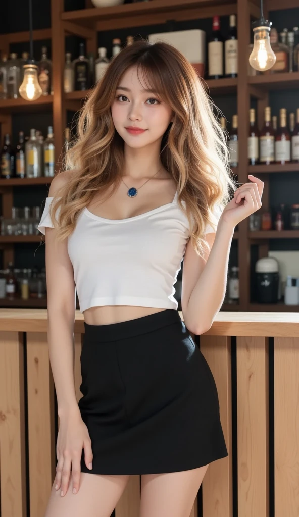 （（（European Caucasian Woman）））、（（（Mary, 18 years old）））、one person、（Thin contours、Grey Eye:1.5）、（Thin contours）、Big Breasts、Narrow waist、（（（White and translucent skin:1.3）））、Beautiful, shiny blonde medium-long hair、8-head-tall model style、Tokyo cityWear、 Ultra HD、８hair、(1 female:1.2. Beautiful and natural、Full Body Shot,High-quality texture, Intricate details, Fine texture, High detail, Highly detailed CG, High Quality Shadows, Realistic facial expressions, Beautiful and delicate down to the last detail, Beautiful and delicate eyes, Brown pupil, Perfectly balanced face, Written boundary depth, Cinematic Light, Lens flare, Ray Tracing,perspective, (Big eyes:1.2), Perfect body,Dutch Angle,Excellent ???????,, elegant, Bright colors, 、Waist、Small Mouth、((bar)、night、night景、((One person))、smile,Idol、Black short sleeve lace top、Black tulle skirt、Black clothes、「Dwarf」、(Floral clothes)、single、
