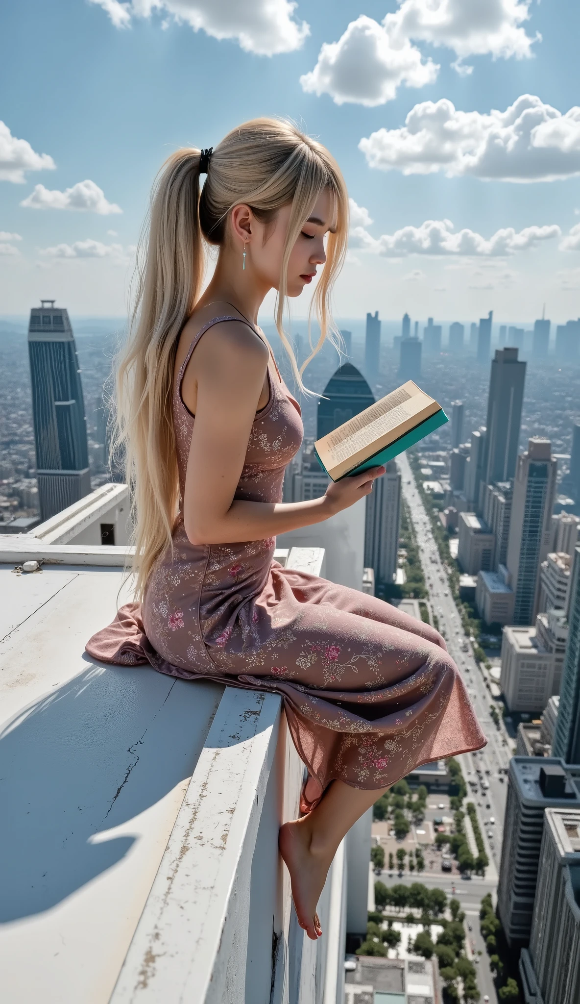 cubism、 Surrounded by a bird's-eye view、sitting sideways on the edge of a bright rooftop in Space Cyber City wearing a beautiful floral dress、tall woman reading a turquoise book wearing a beautiful floral dress、美しい花柄のワンピースを着て、 Dangling her bare feet over the edge、 A nebulous sky surrounds her、Aerial photography、dreamy、Poetic sci-fi、Graceful Movement、 Astro-blooming style、ponytail
