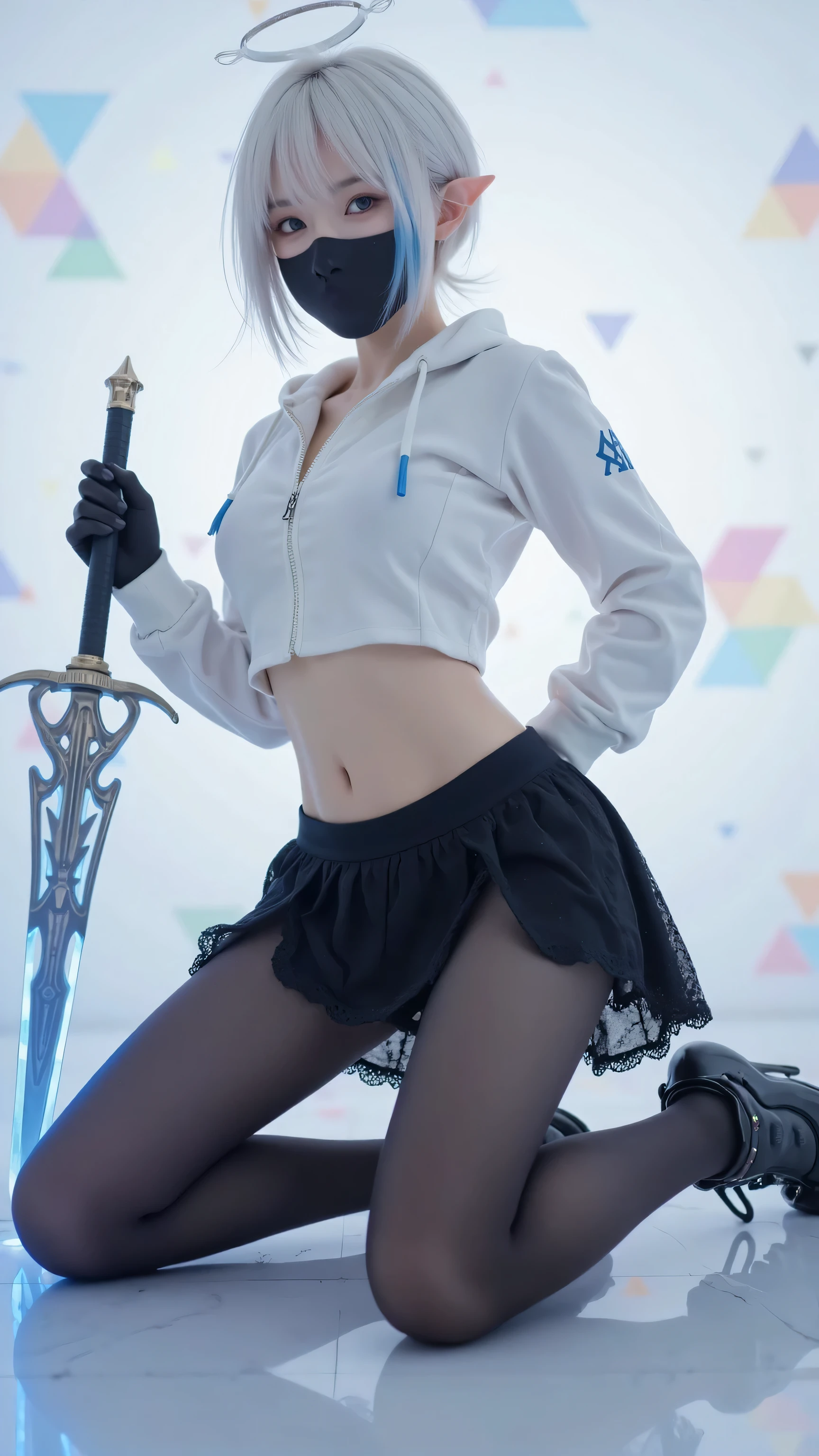 Photo,Extremely low angle of view,The camera is close to the ground,The angle of view from the foot,The superior view of the viewer,The foot dominates the foreground,Extreme perspective angle from the ground level,emphasizes the extension line from the leg to the body,Uncensored,female elf character,short white hair,Blue highlights ,blue eyes,Wear a tight white cropped hoodie,Zippers half-open to reveal collarbone and chest contours,Hem reveals slim waist,Black Mask,realistic pantyhose texture, semi-sheer black stockings with natural translucency, subtle skin tone showing through hosiery, smooth nylon material perfectly fitted to leg contours, natural satin finish with soft light reflection, seamless hosiery application, professional pantyhose photography quality, realistic fabric draping and tension, natural wrinkles and fabric behavior, authentic hosiery material properties, photorealistic stocking texture, real-world pantyhose appearance, natural light interaction with nylon fabric,lace edges stand out,delicate petite feet perfectly proportioned elegant foot shape, smooth leg contours highlighted by realistic hosiery,Slim and elegant ankles,no shoes ,handheld design complex glowing blue sword,Kneeling posture,thigh differentiation,Slightly arched back,Front of the chest,Support with one hand to show body curves,Halo,futuristic and fantasy elements,colorful glowing geometric shapes in the background,high comparison度,Detail Texture,dynamic poses,charming eyes,Half closed eyes,Lips slightly moist,suggestive gaze,and had an unobstructed view of her strong running posture { x} showing extreme effort,White background,black gloves,elf ear,complex sword design,Futuristic Clothing,sci-fi fantasy fusion,BLACK DRESS,High level of detail,high quality,sharp lines,artistic stylization,dynamic lighting, glow effects ,high comparison,Detailed Character Designs,high quality的艺术, Complicated pattern ,Glowing elements,Modern fantasy,detailed character,seductive posture,Sexy curves highlight,highlight body contours,Ambiguous atmosphere。