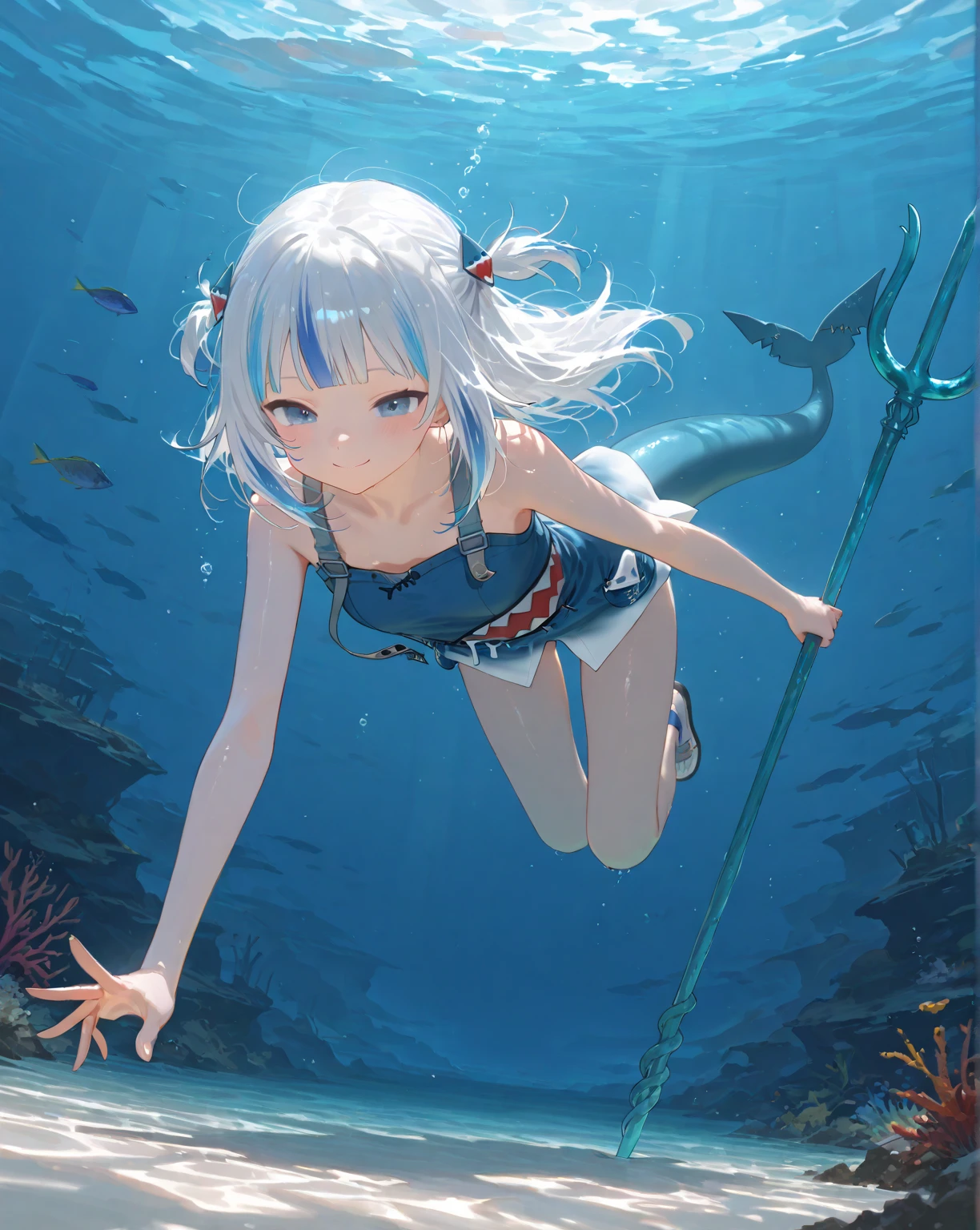 Kizi,long whitr hair,eBlue eyes,White hair,swimming uniform,ocean floor,There are fish,full bodyesbian,quadratic element
