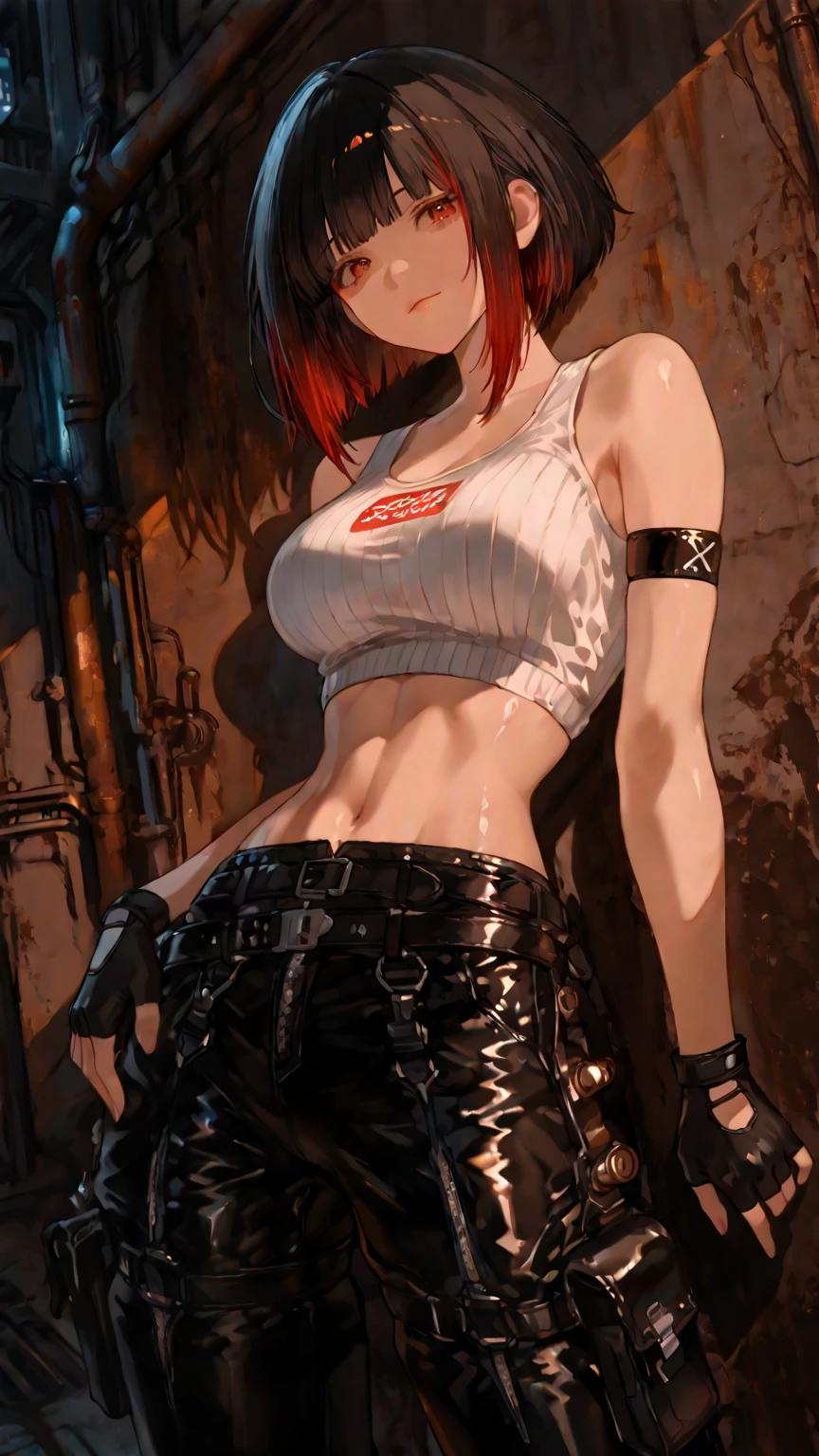 (masterpiece, best quality, high resolution), (illustration:1.0), perfect lighting, 1girl, solo, cowboy shot, 1girl, abams, object through head, bandages, blood,key, hair over one eye, chain, pale skin, <lora:AbaMS:1>