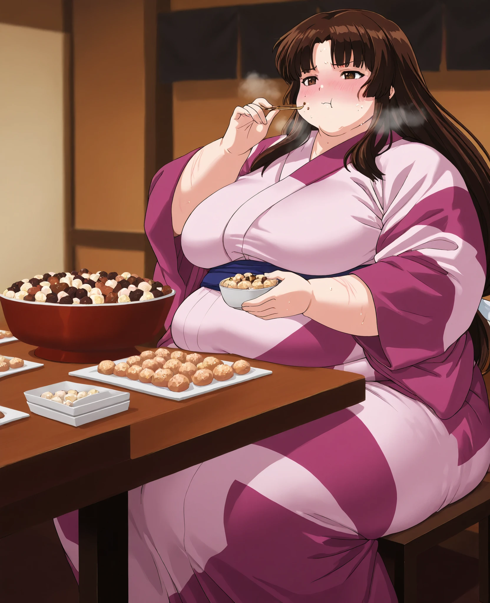 anime screencap, score_9, score_8_up, score_7_up, source_anime BREAK sango, 1girl, solo, brown hair, parted bangs, low-tied long hair, brown eyes, pink kimono, wearing a kimono, round face, swollen face, buffet, restaurant, chubby, obese, slob, morbidly obese, immobile, saggy round breasts, double chin plump, thick thighs, thigh, blushing, embarassed, sweaty, visible breath, panting, shaky legs, stretch marks, sweat stains on clothes sitting at table, eating lots of sweets, embarrassed, people staring at her in disgust