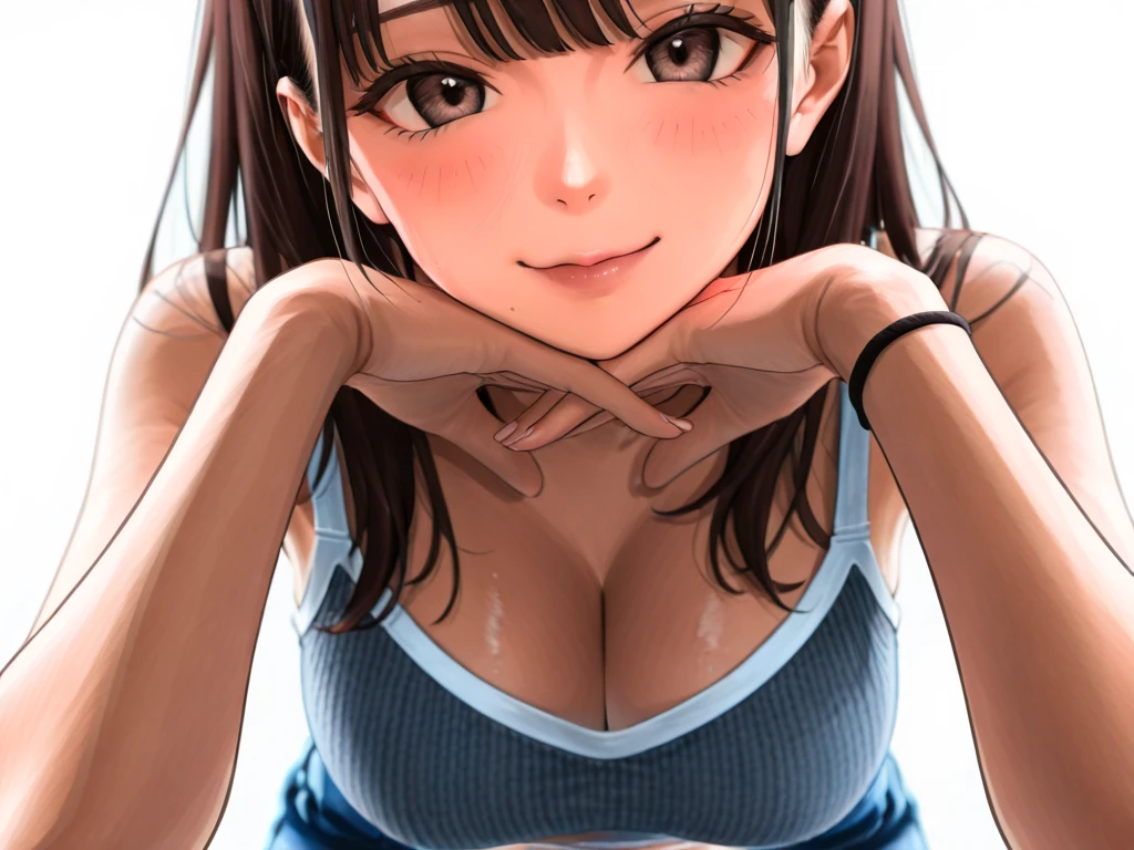 (Best quality:1.3), brown ponytail, large breasts, cleavage, smiling, gym costume,(pov, close shot)