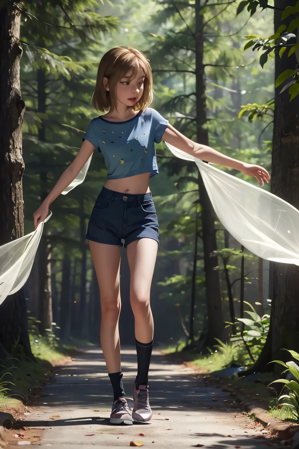 Astrid, skinny teen, busto pequeño, slender legs, short short, transparent blouse, arms extended, full body, a lot of wind, forest, Glowing flowers, milky way,
