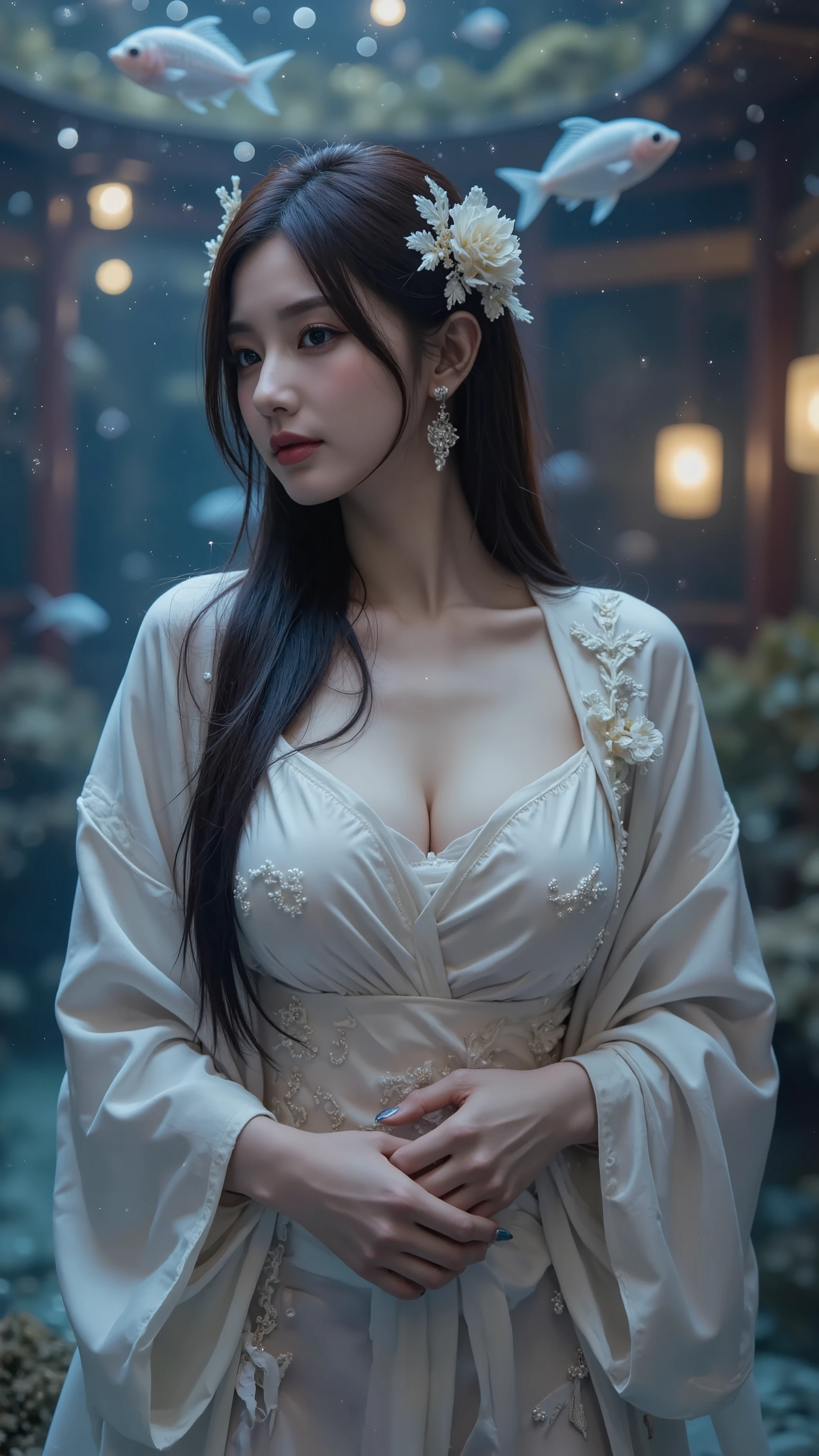 A stunning Japanese woman resembling Keiko Kitagawa, breathtakingly beautiful face, long silky black hair with ornate traditional hair accessories, dressed as the legendary Otohime of Ryugu-jo (Dragon Palace), wearing a luxurious flowing kimono-like costume with pearly and oceanic motifs, sensual and elegant, extremely voluptuous with impossibly large, heavy, soft sagging breasts, performing a graceful and seductive dance during a grand underwater banquet, surrounded by glowing fish, shimmering schools of colorful fish, and luminous jellyfish casting magical light, coral pillars and golden lanterns illuminating the palace, bubbles drifting through the water, sleeves and fabrics flowing with her movements, ultra detailed, fantasy masterpiece, 8k