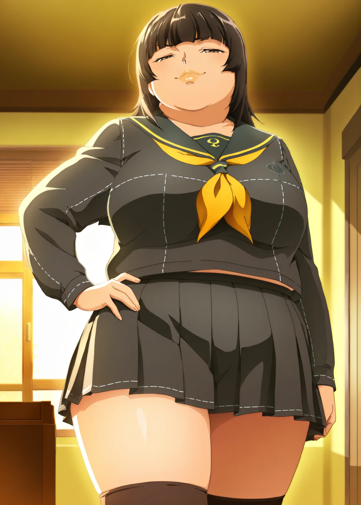 score_9, score_8_up, score_7_up, score_6_up, score_5_up, score_4_up, BREAK, source_anime, 1girl, kagomehigurashi, bangs, black hair, long hair, brown eyes, masterpiece, best quality, absurdres,  hnk_otn, hanako ohtani, 1girl, brown hair, standing, indoors, plump, fat, serafuku, yasogami school uniform, looking at viewer, thick lips, feet out of frame, cowboy shot, half-closed eyes, smug, thighhighs, official art, hand on hip, short hair,