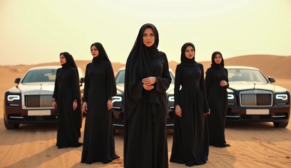 5 mafia girl stand beside a black car. wearing black dress and black hijab with black sunglasses 
