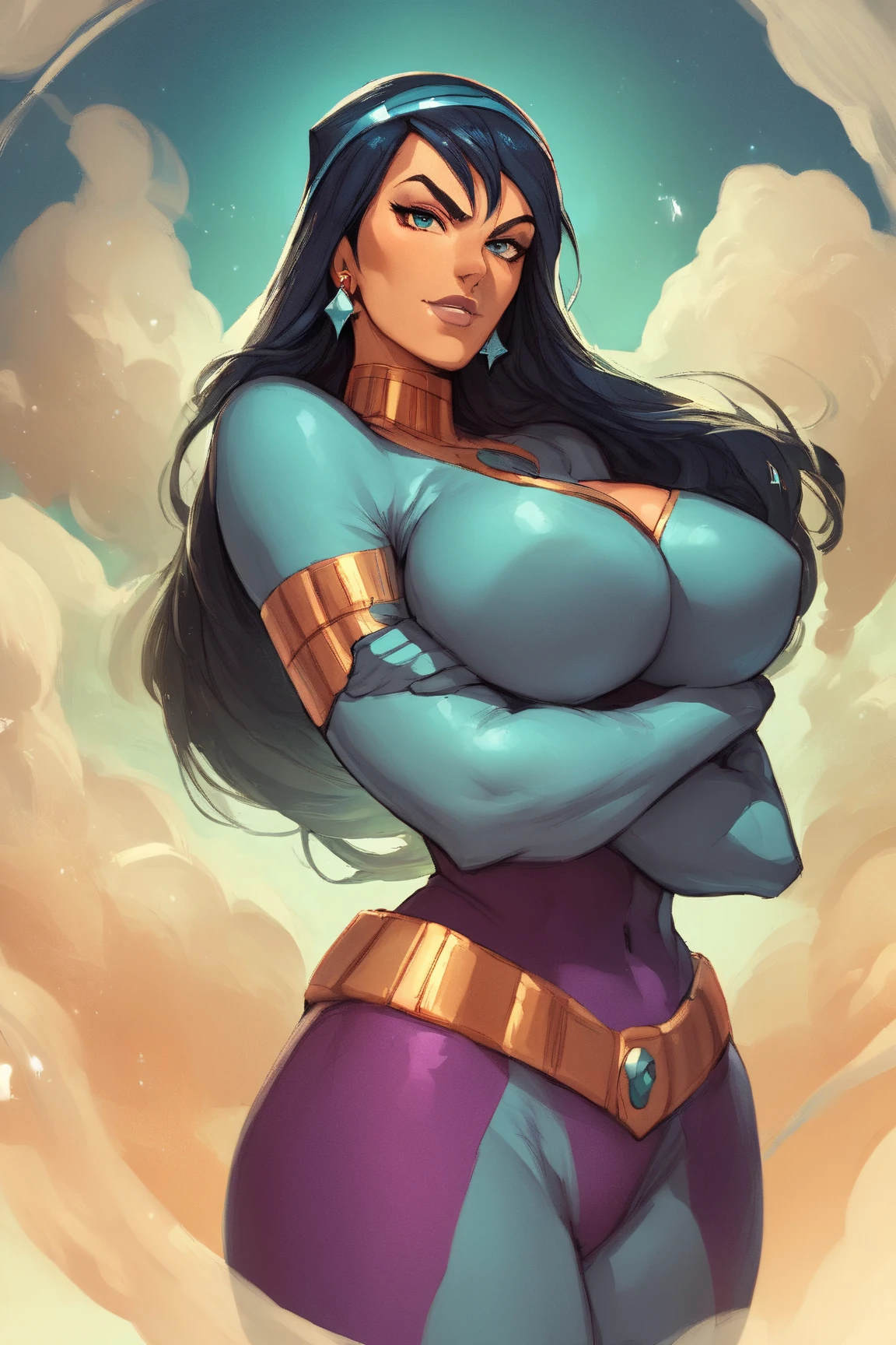 (masterpiece, top quality, best quality, official art, beautiful and aesthetic), ((1girl)), (((massive female bodybuilder))), ((Long Muscular Legs:1.5)), long wavy black hair, tanned skin, extremely detailed, portrait, looking at viewer, solo, ((full body)), detailed background, close up, mischievous eyes, (hot summer desert Arabia theme), Persian duelist woman, dark makeup, charlatan, smirk, mysterious, walking in desert, revealing blue and gold and sapphire Arabian harem girl attire, see through clothes, sheer fabric, poofy blue pants, strapless, off shoulder top, tight top, tight tube top, jewelry, armlets, elaborate necklaces, blue fabric, gold jewelry, precious stones, scimitar, curved sword, ((((gigantic breasts, cleavage, skindentation)))), slim waist, ((wide hips)), ((wide shoulders)), ancient (Arabian palace exterior) background, dark mysterious lighting, shadows, magical atmosphere, dutch angle,