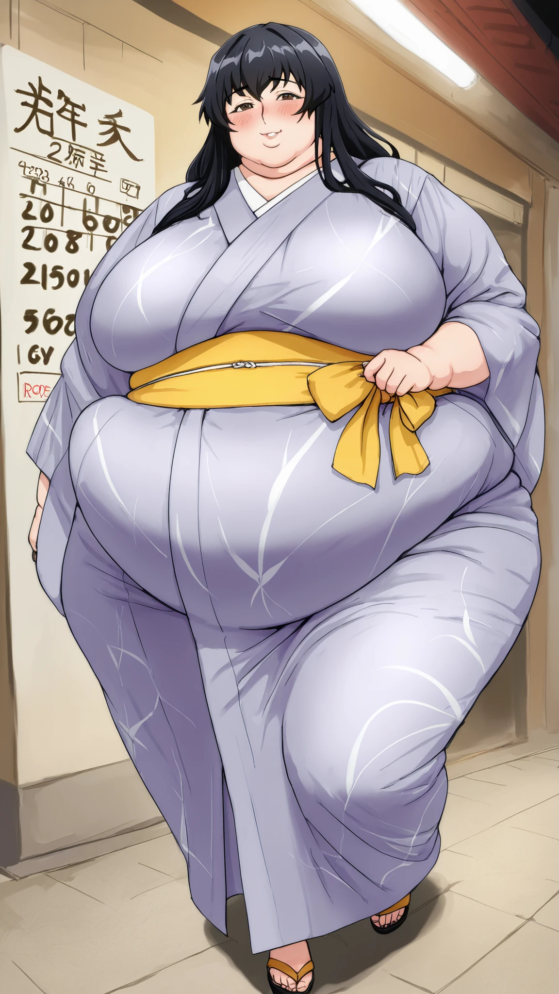 masterpiece, best quality, very high resolution, Newest, very aesthetic, great quality,hi-res,Full Body、1girl,Blush,huge breasts、Saggy Breasts、dynamic angle、Smile Yan、erotic、puffy lips、 plump、BIG ASS、half-open eyes、Mature Woman、score_9, score_8_up, score_7_up, score_6_up, score_5_up, score_4_up, BREAK, source_anime, 1girl, kagomehigurashi, bangs, black hair, long hair, brown eyes, wearing a kimono, fat, chubby, obese 