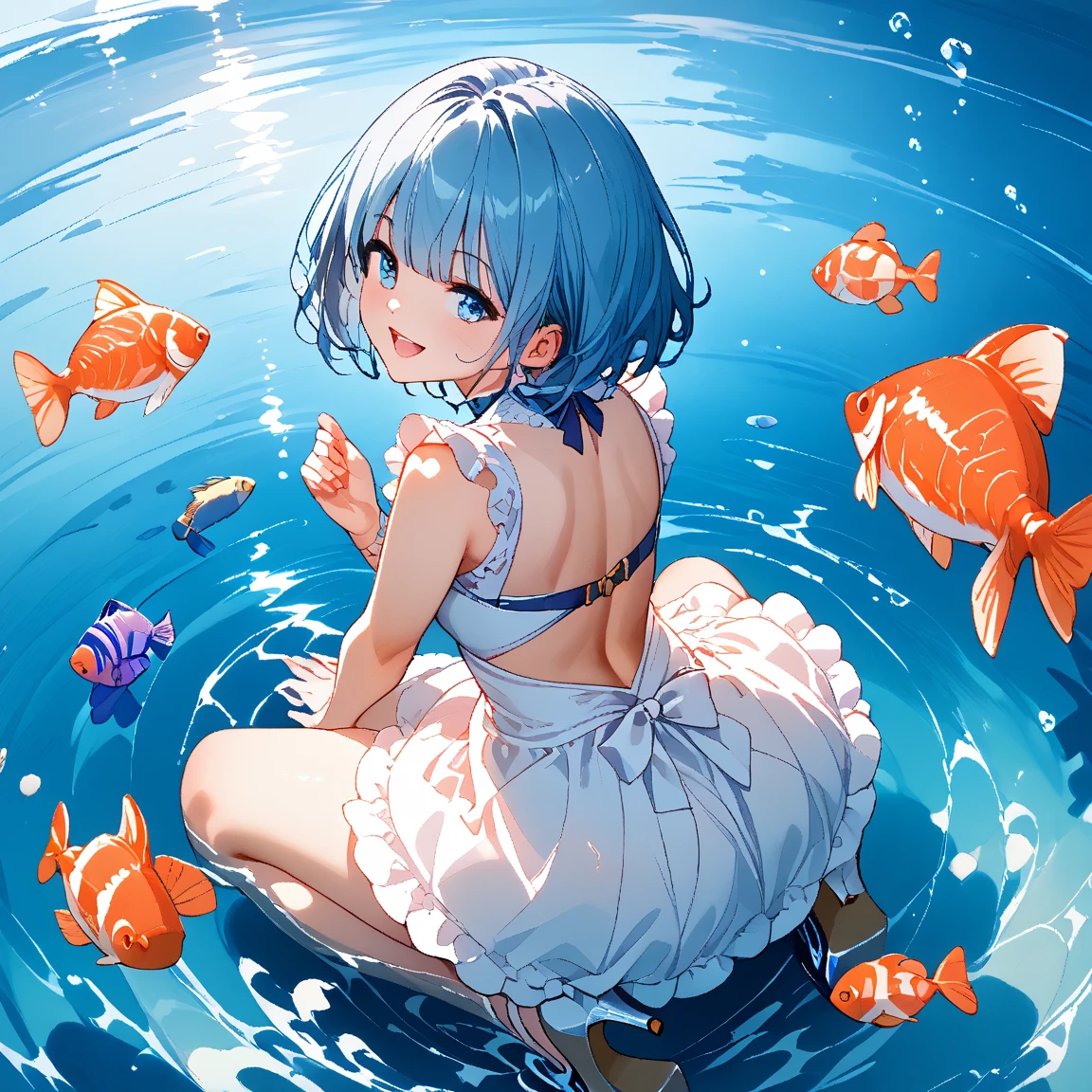 <lora:add_detail:0.6> , Petite, Solo, 1 girl, Small girl,  (Sky-blue hair, Curved bobl:1.2), Bangs between eyes, Blue eyes, Flat breasts, School swimsuit, (Laughing:1.2), Swimming, Spread arms, Coral, Fishes, (Air bubble:1.4), (Underwater:1.2)