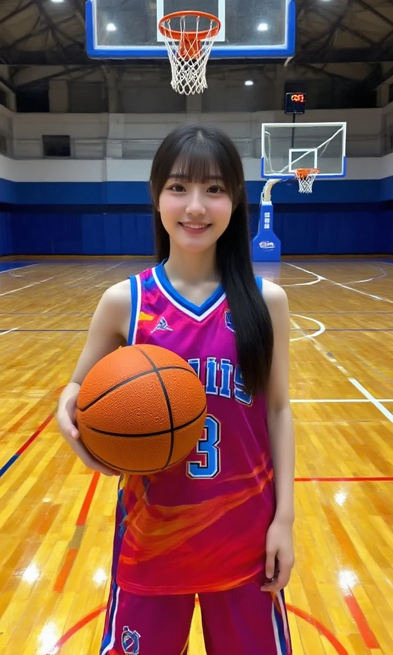 best quality, 1 beautiful female student, , playing basketball in gym, energetic, smiling, dynamic pose, bright lighting, high detail