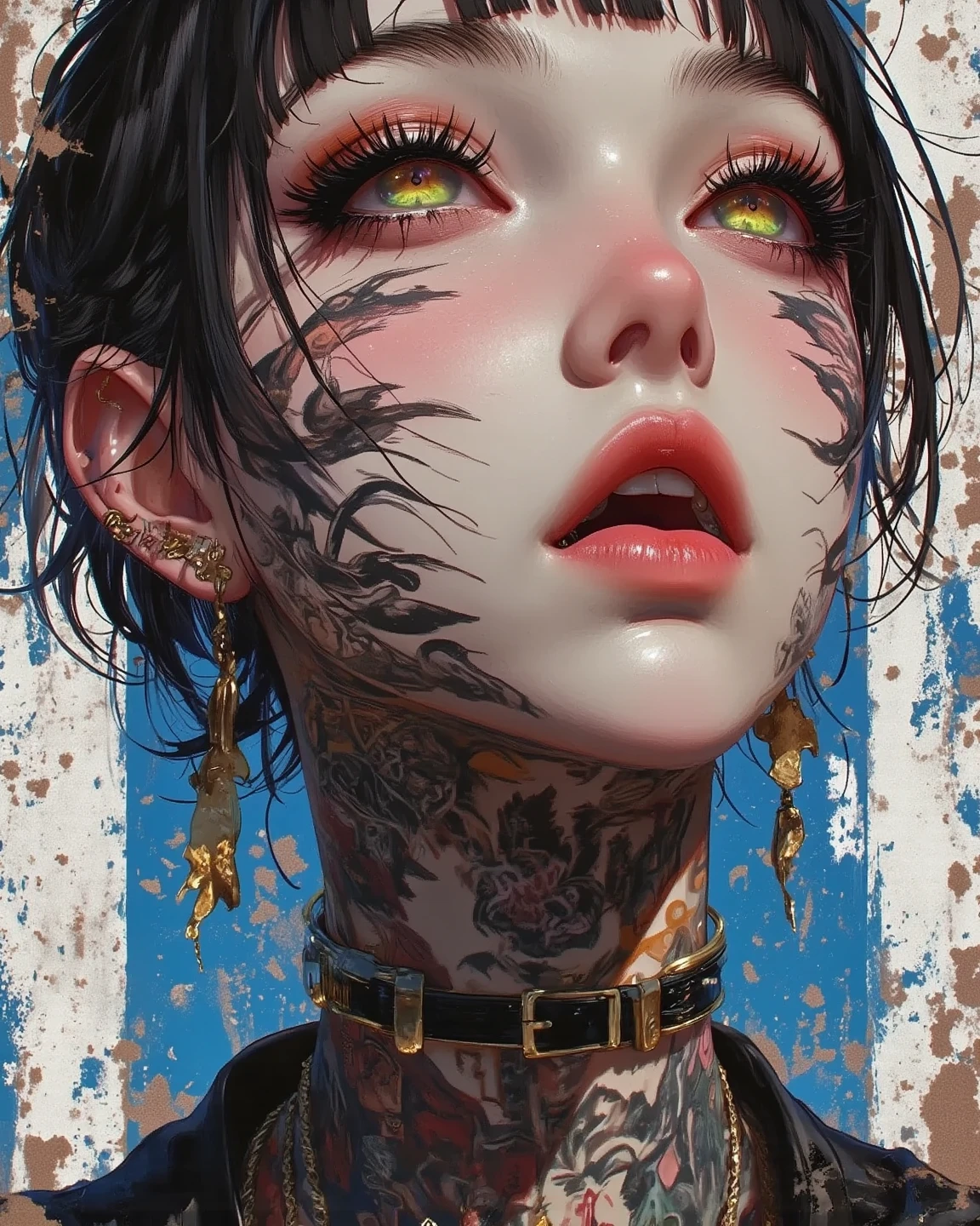 A highly detailed, hyper-realistic portrait painting of a young woman sexy decote Sensual si nude with vibrant crimson yellow neon hair styled in an elaborate high pink and two long braided pigtails. The hair features intricate braids and is adorned with various accessories including paper clips, tags, small yellow rectangular labels, and a prominent brown card with 'UNS' written in white bold letters. The woman's face is covered in elaborate tattoos with intricate designs including swirls, leaves, geometric patterns, triangles, and symbols like hearts and anchors. She has striking green eyes accentuated with heavy eyeliner and mascara, thick, well-defined eyebrows, and full lips with a glossy brown hue. Her skin is light beige with numerous small freckles scattered across her cheeks, nose, and forehead. The woman wears large hoop earrings on both ears, with one ear featuring multiple gauges. She's dressed in a denim jacket with various colorful patches, including a prominent yellow patch with frayed edges and the text 'ADD ROO' in red bold letters, over a turquoise shirt decote Sensual sexy semi nude. The jacket features intricate tattoo-like designs, with the word 'CH' visible on the left shoulder. The background is plain light gray, ensuring all focus remains on the subject's detailed features and vibrant appearance. The lighting is soft and even, highlighting the textures and colors of the tattoos, hair, and accessories, while creating a balanced exposure that brings out the intense colors and intricate details of this modern, edgy, and artistic portrait.swxy decote Sensual semi nud