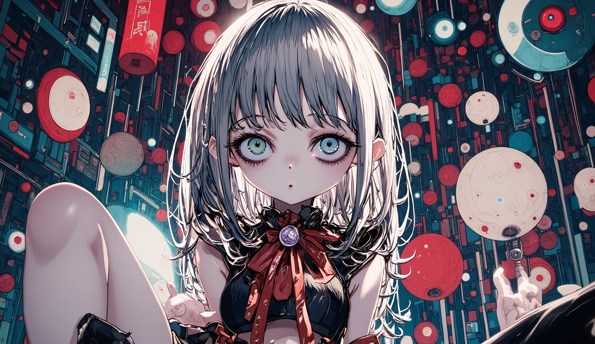 Close-up of a cursed anime doll girl with porcelain cracked skin, large glassy eyes, wearing a gothic black and red frilly dress, sitting on a music box, eerie glow, highly detailed, dramatic lighting.