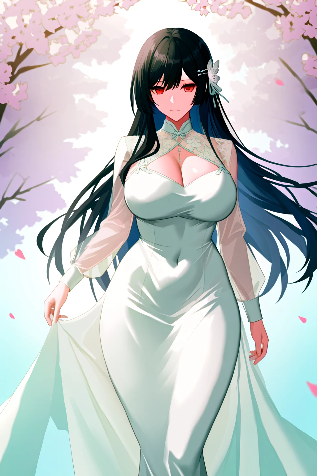 (absurd res, A high resolution, ultra - detailed, hyper HD, Cinematic), Alone, 1个Giant Breast Girl, mature, Happy,hime cut,black long hair,red eyes, (huge breasts:1.5),cleavage, collarbone, bare shoulders,armbands,girl standing in light blues flower field, light blues flower petal surrounding girl, full bodyesbian, Blue long-haired girl, light blues hair, fanciful, dream-like, Snowy Land, offcial art, trending art, contours, ultra - detailed face, ultra - detailed eyes, light blues flower field, ultra - detailed field, The white blue sky, Cold, light blues, The white, Nebula in the sky, blue tree, aquarelle, pastel colour