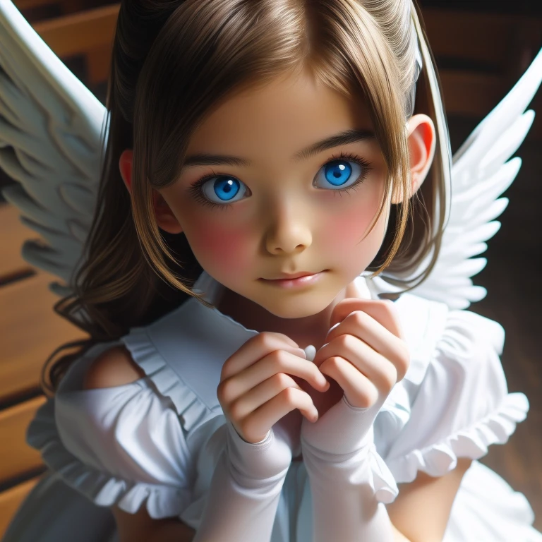 Draw a little girl with angel wings lying on a table,Tired ,Very exhausting,Cute detailed digital art, Little girl of 6 years old,Has big, sweet blue eyes, Brown hair long, Cute face, Little girl with angel wings,The face was painted with colored paint,beautiful angel, beautiful angel, Beautiful angel girl, Portrait of a beautiful angel, angel girl, lovely digital painting, beautiful angel girl portrait, angelicales, angel themed, Little angels, Paintings full of angels,