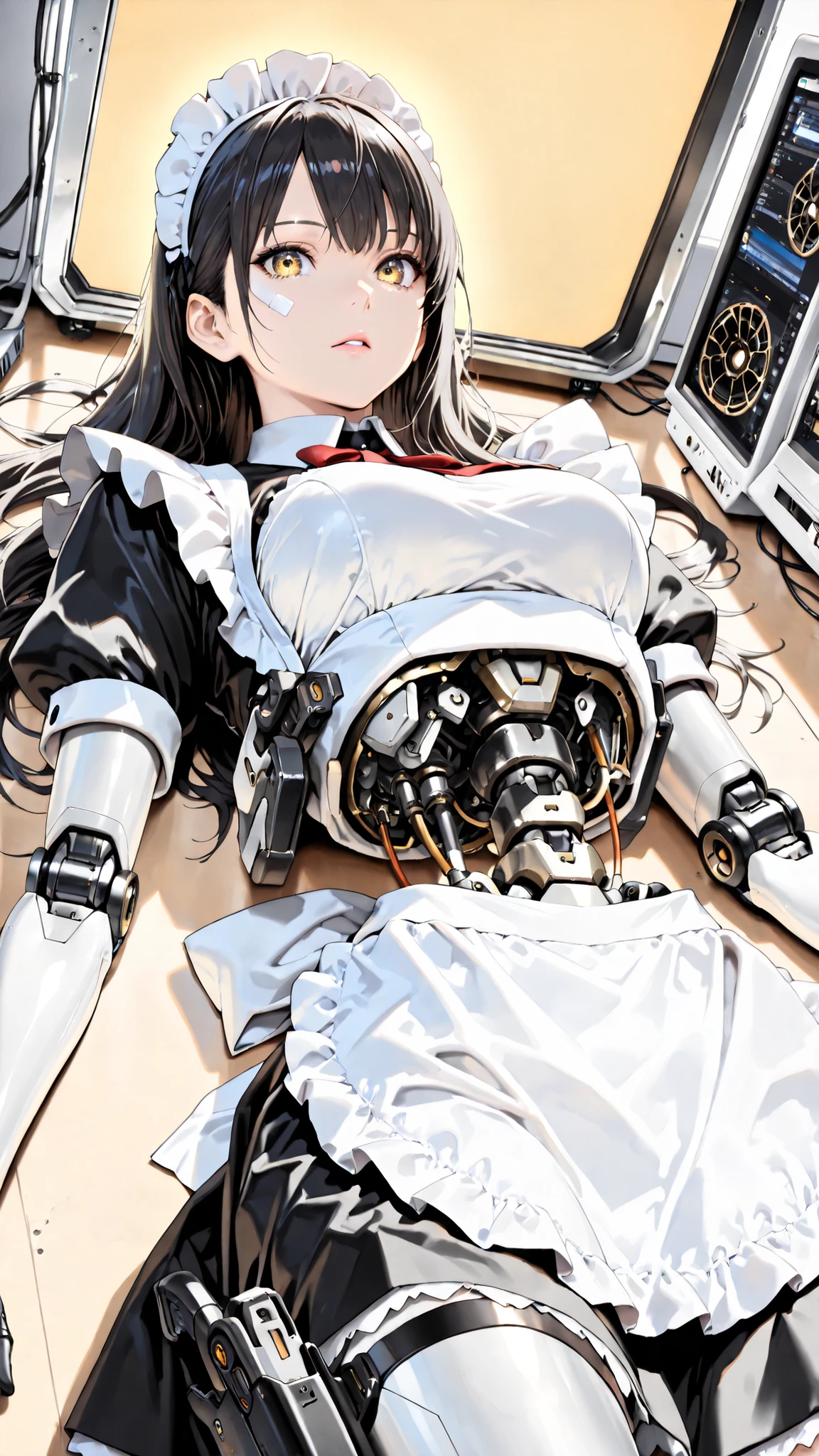 (((masterpiece))), (photo real, realism texture), (top Quality, High Quality:1.3), (top resolution, high resolution), ultra detailed, (high detailed), science fiction, beautiful robot girl, Silky smooth face, white cheek, yellow lighting eyes, realism glossy mouth, black long hair, (woman that looks like a maid:1.2), frame of perfect machine, robot limbs, robot joint, computer parts, machine parts), Dutch angle, (Mechanical Gun Holster:1.3), robot torso, cowboy shot, (junk yard:1.3), (broken robot lying in scrap of iron), (from below)