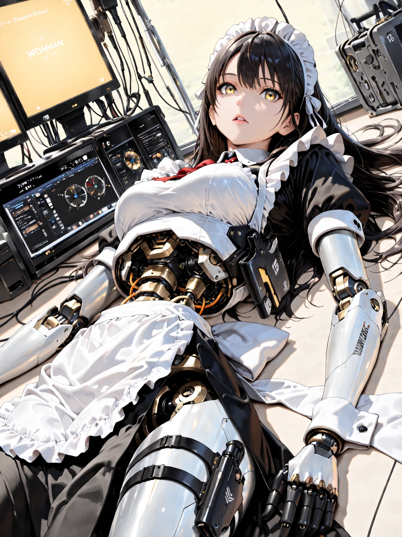 (((masterpiece))), (photo real, realism texture), (top Quality, High Quality:1.3), (top resolution, high resolution), ultra detailed, (high detailed), science fiction, beautiful robot girl, Silky smooth face, white cheek, yellow lighting eyes, realism glossy mouth, black long hair, (woman that looks like a maid:1.2), frame of perfect machine, robot limbs, robot joint, computer parts, machine parts), Dutch angle, (Mechanical Gun Holster:1.3), robot torso, cowboy shot, (junk yard:1.3), (broken robot lying in scrap of iron), (from below)