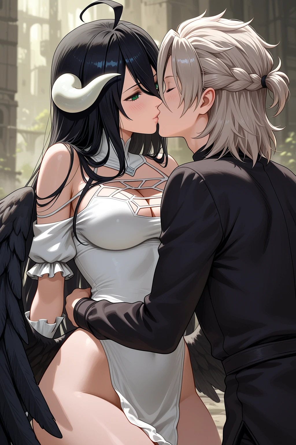 Albedo_overlord,black hair,curvy body,medium breast,big hips, wearing oversized sweater only,half naked, midnight setting,no reflection, very wet body,nsfw, hugged by a black man(faceless), fucked from behind,kissing.
