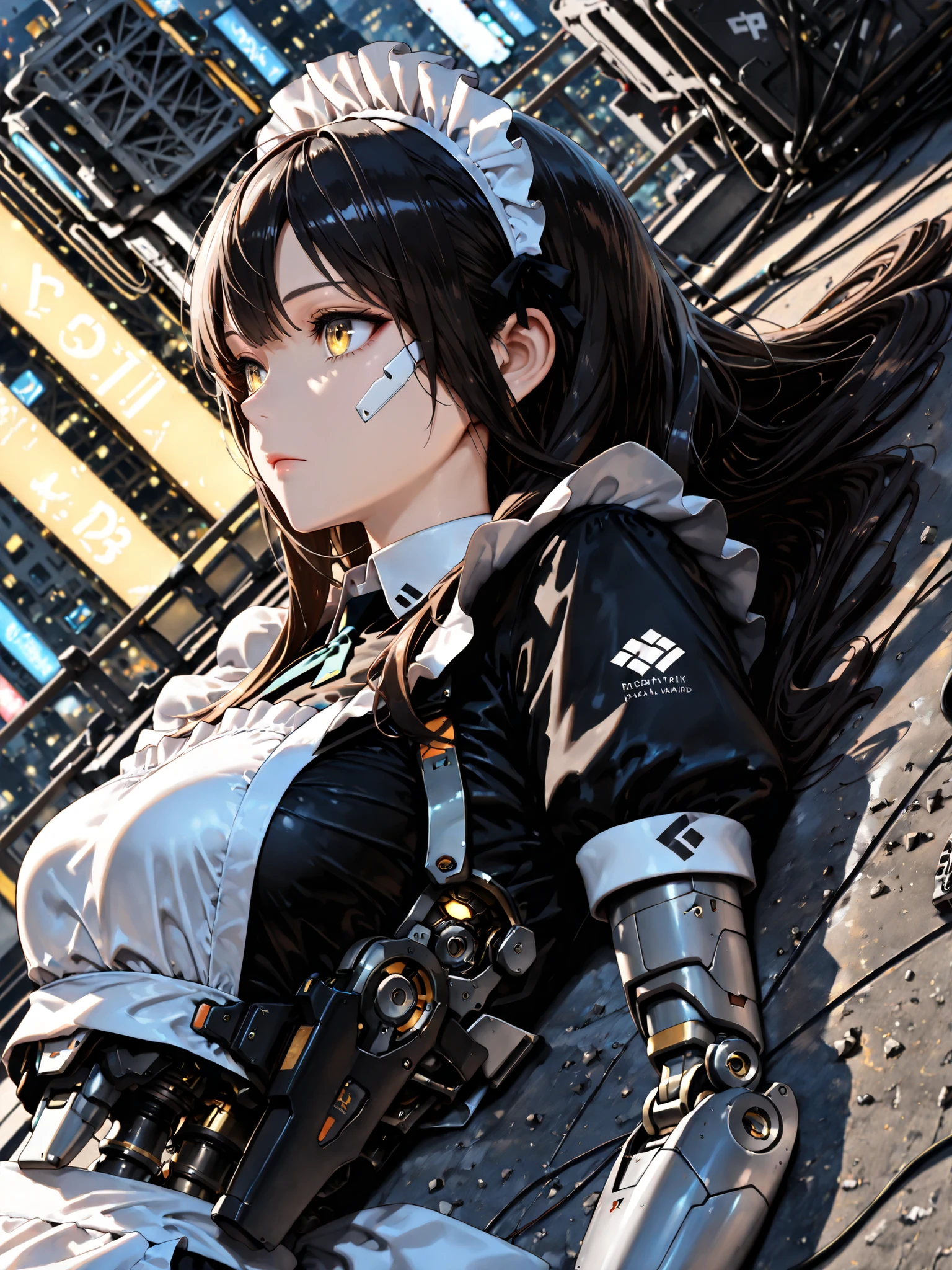 (((masterpiece))), (photo real, realism texture), (top Quality, High Quality:1.3), (top resolution, high resolution), ultra detailed, (high detailed), science fiction, beautiful robot girl, Silky smooth face, white cheek, yellow lighting eyes, realism glossy mouth, black long hair, (woman that looks like a maid:1.2), skirt, frame of perfect machine, robot limbs, robot joint, computer parts, machine parts), (from side, Dutch angle), Expressionless face, (closed mouth), (futuristic city), (Mechanical Gun Holster:1.3), robot torso, upper body, (junk yard:1.3), (broken robot lying in scrap of iron), (from frontal)