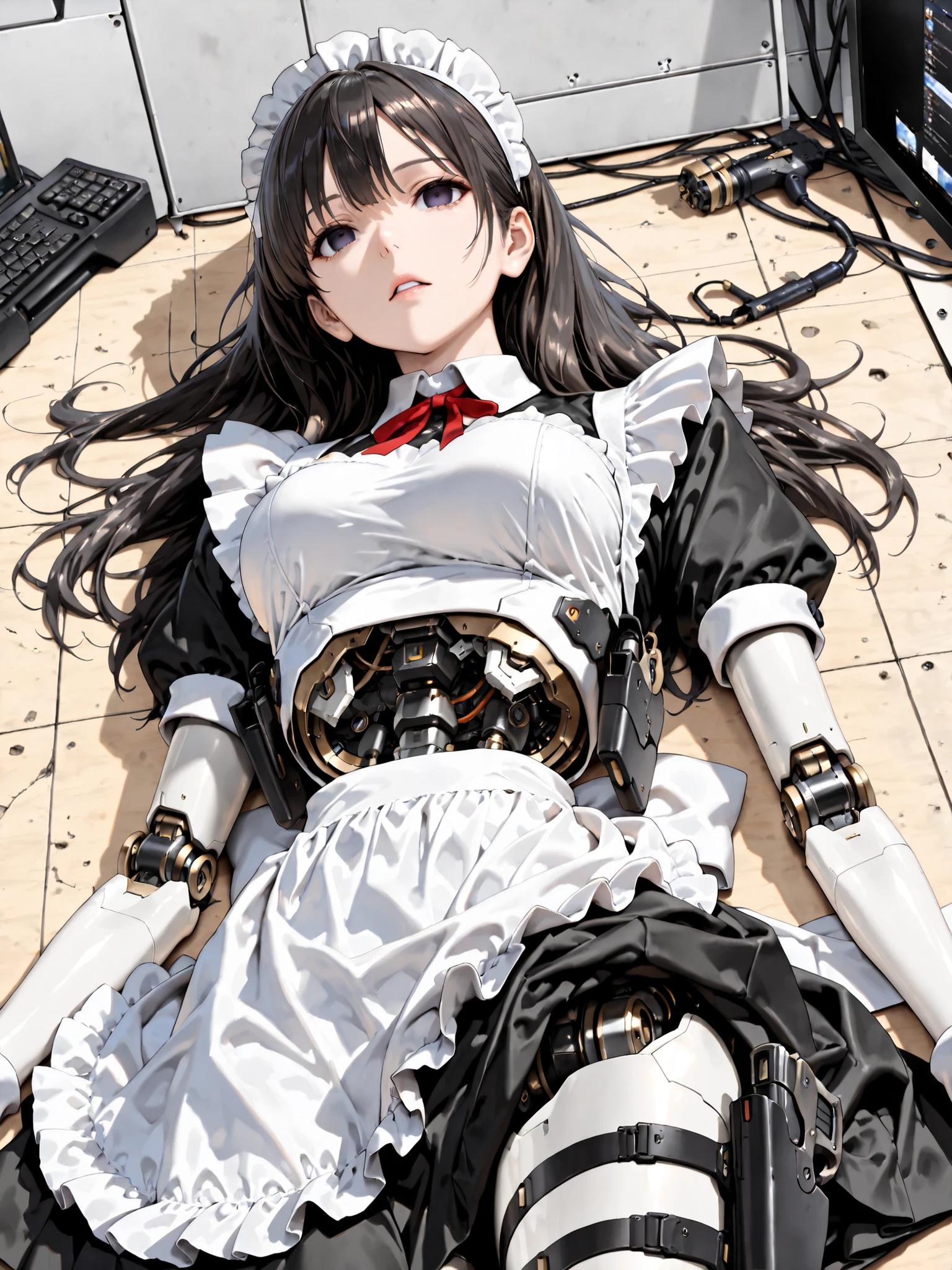 (((masterpiece))), (photo real, realism texture), (top Quality, High Quality:1.3), (top resolution, high resolution), ultra detailed, (high detailed), science fiction, beautiful robot girl, Silky smooth face, white cheek, empty eyes, realism glossy mouth, black long hair, (woman that looks like a maid:1.2), frame of perfect machine, robot limbs, robot joint, computer parts, machine parts), Dutch angle, (Mechanical Gun Holster:1.3), robot torso, cowboy shot, (junk yard:1.3), (broken robot lying in scrap of iron), (from below)