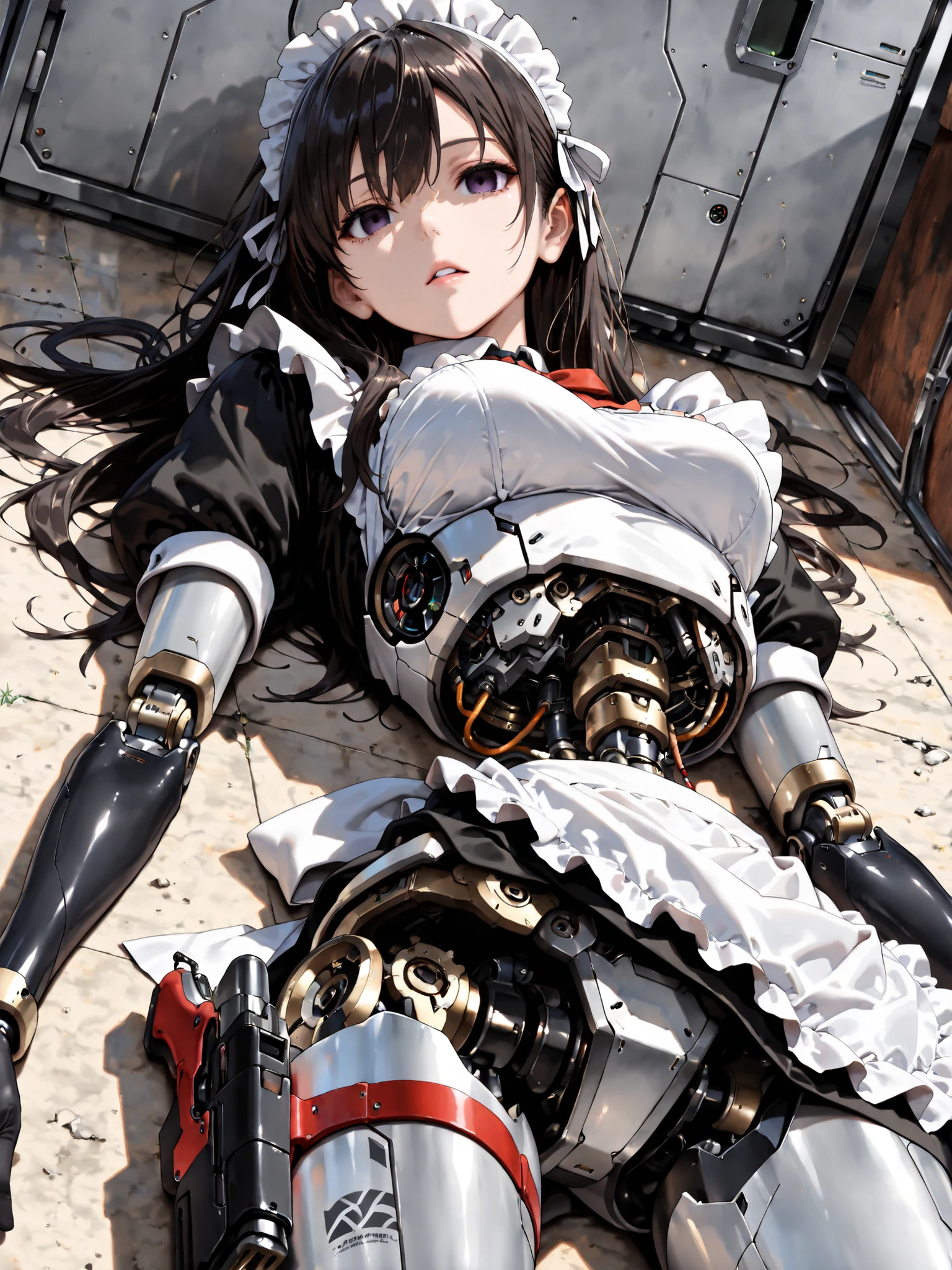 (((masterpiece))), (photo real, realism texture), (top Quality, High Quality:1.3), (top resolution, high resolution), ultra detailed, (high detailed), science fiction, beautiful robot girl, Silky smooth face, white cheek, empty eyes, realism glossy mouth, black long hair, (woman that looks like a maid:1.2), frame of perfect machine, robot limbs, robot joint, computer parts, machine parts), Dutch angle, (Mechanical Gun Holster:1.3), robot torso, cowboy shot, (junk yard:1.3), (broken robot lying in scrap of iron), (from below)