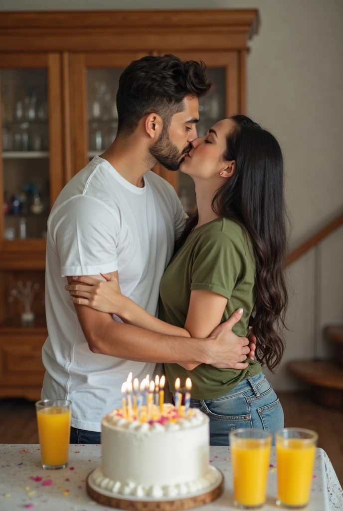 A handsome man with a thin beard and athletic body wearing a tight shirt shoing a full arm tattoo blowing a birthday cake candles with marvin letters written on it on his 45th birthday surrounded with his beautiful gorgeous elegant sexy wife jn a gorgeous dress,  beautiful teenage daughter and handsome teenage boy in their fancy ,expensive and luxurious living room, laughing, giggling, joy , happy family, happy ocassion, family event, clapping hand, celebrating husband burthday,  heart warming , romantic , fun, wife kissing husband, Photorealistic, Ultra realistic, detail face, candle number 45
