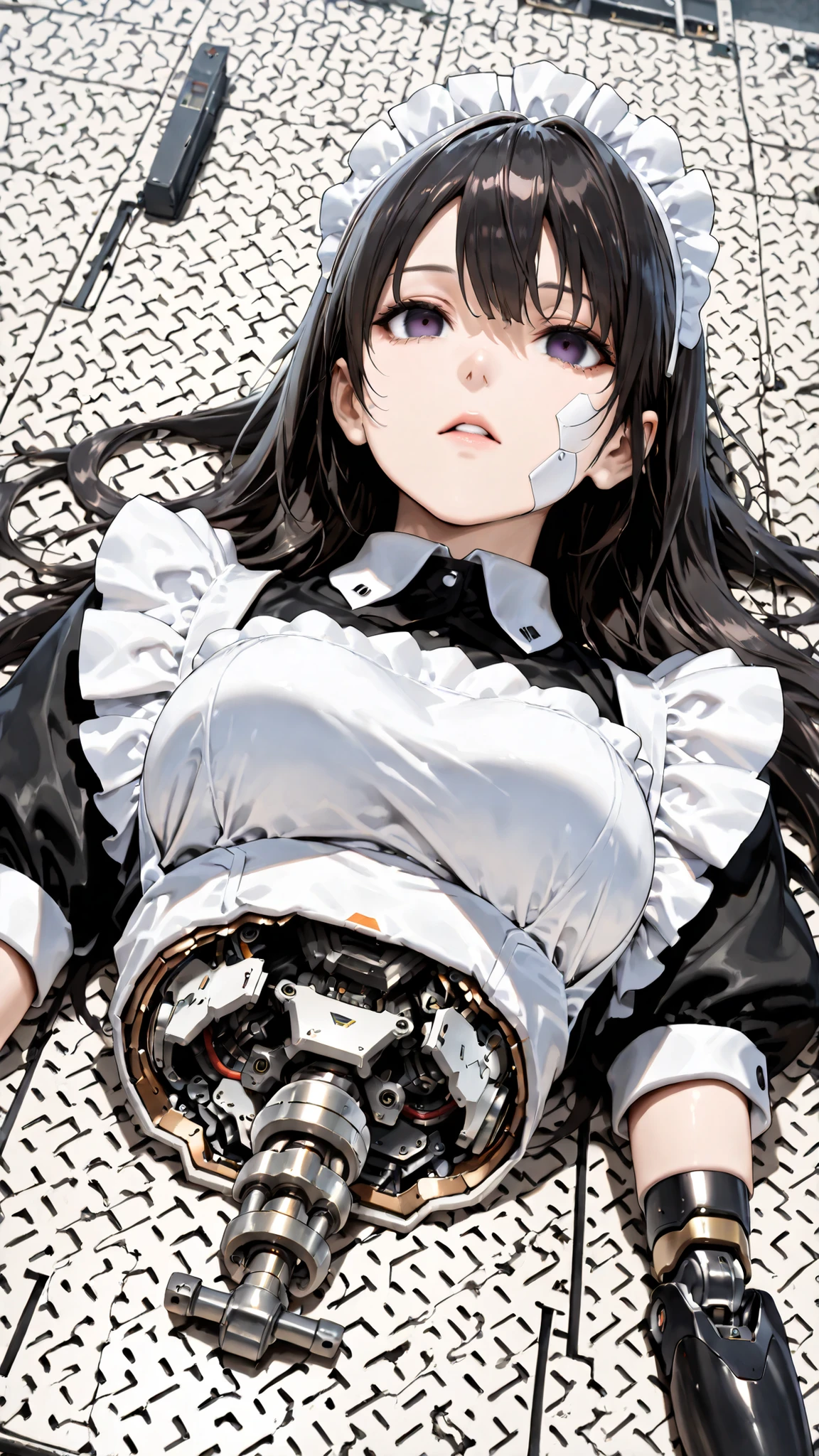 (((masterpiece))), (photo real, realism texture), (top Quality, High Quality:1.3), (top resolution, high resolution), ultra detailed, (high detailed), science fiction, beautiful robot girl, Silky smooth face, white cheek, empty eyes, realism glossy mouth, black long hair, (woman that looks like a maid:1.2), frame of perfect machine, robot limbs, robot joint, computer parts, machine parts), Dutch angle, robot torso, upper body, (junk yard:1.3), (broken robot lying in scrap of iron), (from below)