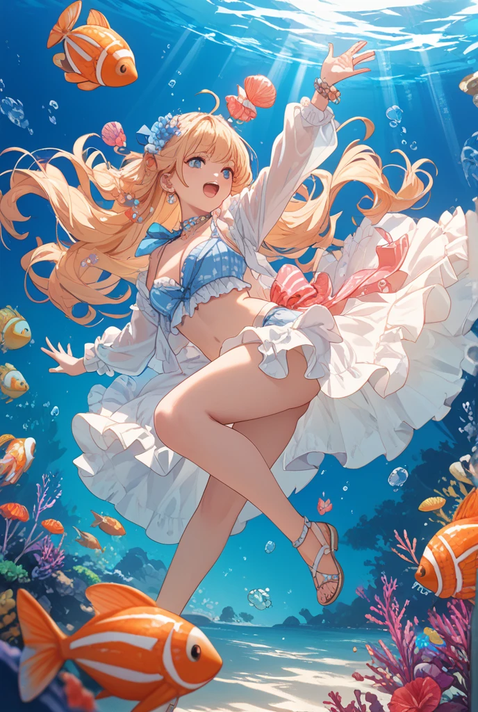 Golden-winged angel wearing a negligee(Little Girl:1.5)(Small body) (Orange Hair:1.5)(eyelash:1.2) (Mid-length hair:1.4), (Blue eyes)(Big Breasts:1.3)Perfect Fingers