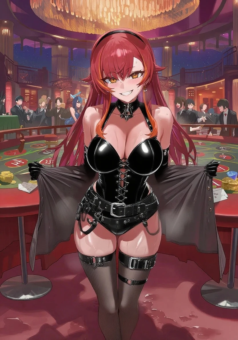 1girl, hinbn, ahoge, absurdly long hair, hair between eyes, mole under eye, demon horns, (demon tail, demon wings:1.1), pointy ears, black clover hairpin, playboy bunny, rabbit ears, pantyhose, detached collar, bowtie, wrist cuff, stiletto heels , best quality, ((masterpiece)), high details, detailed, perspective, naughty face, happy, moody lighting, light rays, abstract background, depth of field, cinematic angle camera, <lora:HindenburgXLAL_1:0.9>, establish, rating: sensitive, full body, cowboy shot, facing viewer, sitting on luxury chair, casino, luxury, casino chip,
