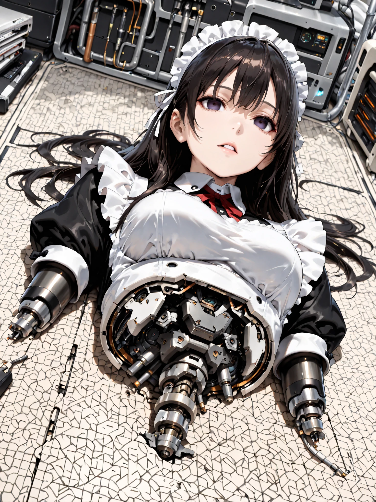 (((masterpiece))), (photo real, realism texture), (top Quality, High Quality:1.3), (top resolution, high resolution), ultra detailed, (high detailed), science fiction, beautiful robot girl, Silky smooth face, white cheek, empty eyes, realism glossy mouth, black long hair, (woman that looks like a maid:1.2), frame of perfect machine, robot limbs, robot joint, computer parts, machine parts), Dutch angle, robot torso, upper body, (junk yard:1.3), (broken robot lying in scrap of iron), (from below)