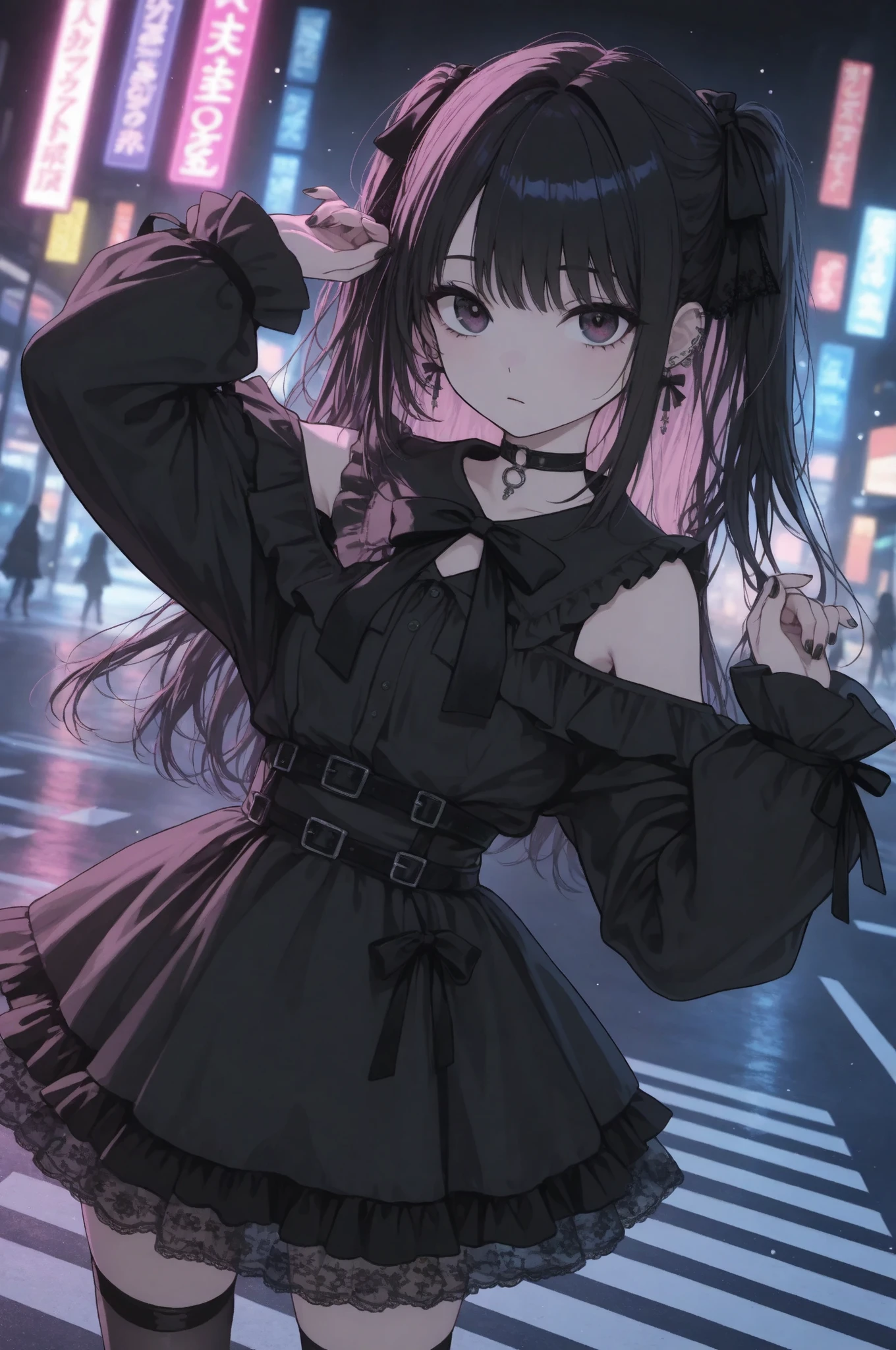 darkgothic,water color,(deformed:1.2),
Anime-style “jirai-kei” young woman at a crosswalk at night; long-exposure neon light trails in the background; shallow depth of field; dramatic lighting with scattered sparkles. Pastel-and-black palette, frilled skirt, oversized sleeves, lace accessories. Clean linework, smooth shading, fine textures. — no text, no logo, no watermark