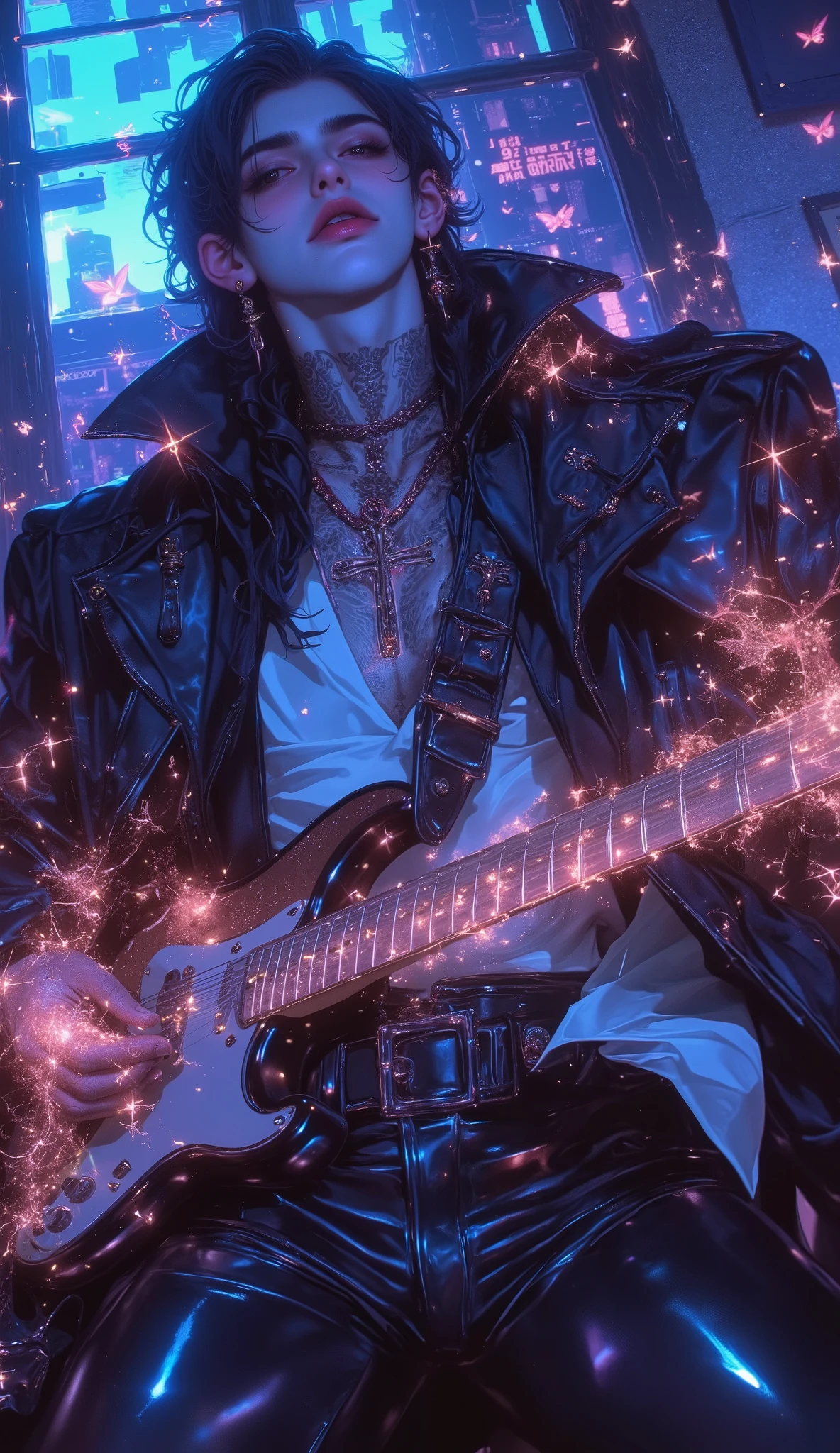 masterpiece, ultra highres, best quality, sonic dreamscape visualization, main focus: ethereal guitarist performing soul-touching solo, intense emotion visible as light waves emanating from fingers on fretboard, passionate male vocalist with head thrown back in powerful falsetto, energy streams connecting musician to cosmos detailed features: electric guitar producing visible sound waves in neon blue and purple, vocalist's voice visualized as golden light streams, synth waves creating geometric patterns in air, emotional energy manifesting as aurora-like waves, musical notes transforming into butterflies performance elements: guitar strings glowing with electric energy, hands moving at supernatural speed during virtuous solo, vocal cords visible through translucent skin glowing with power, hair floating in waves of sound energy environment: cosmic stage floating in space-time, geometric synth patterns creating architectural structures, chillwave visualized as flowing liquid light, complex arrangement shown as interweaving light streams of different colors lighting: dynamic stage lights synced to music intensity, electric blue guitar energy, golden vocal aura, purple synth waves, red passion streams atmosphere: epic musical transcendence, deep emotional immersion, raw power meeting technical precision, spiritual connection through music style elements: modern rock aesthetics meet digital art, quantum visualization of sound, light painting techniques