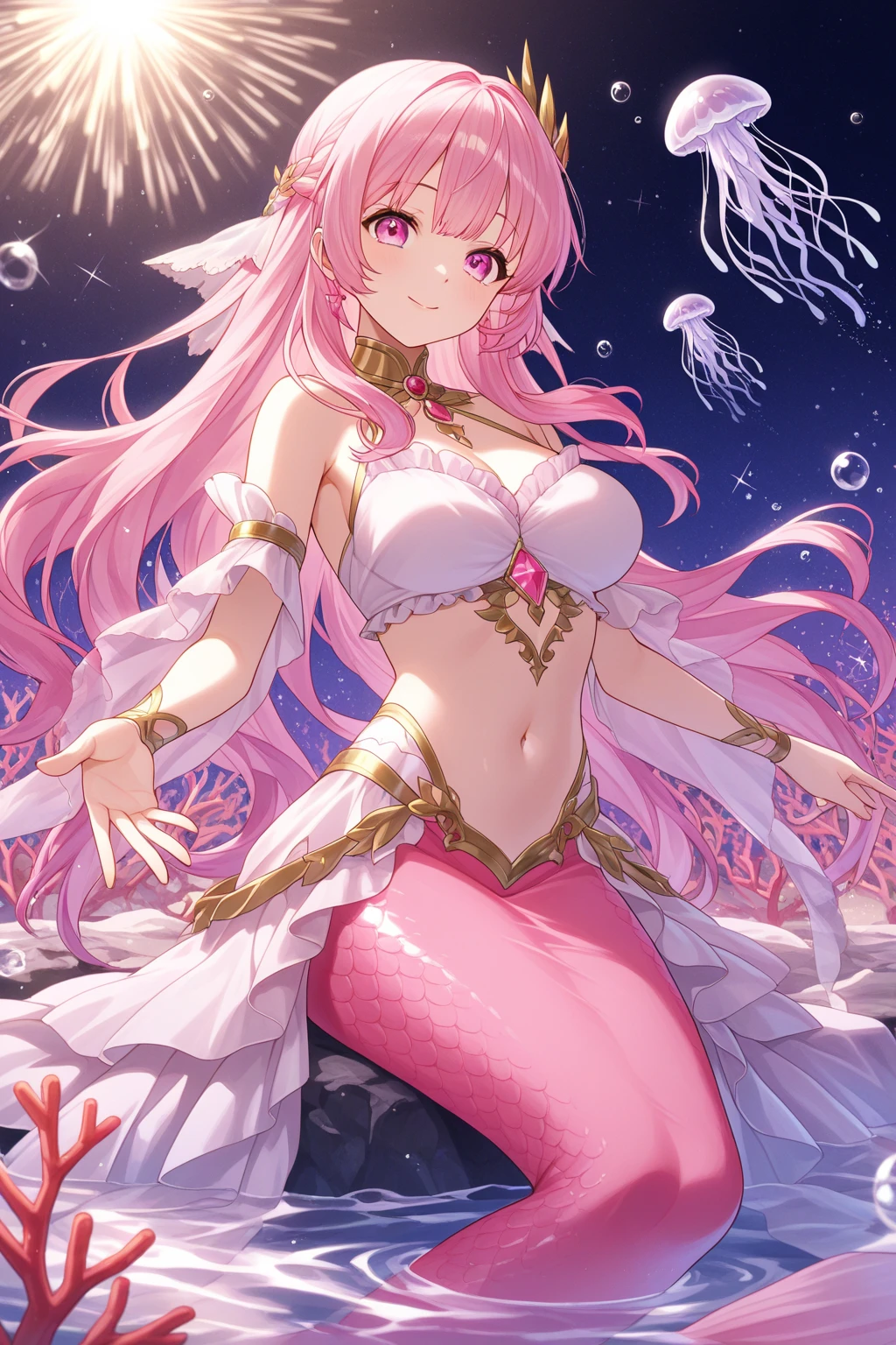Masterpiece, Best quality, full_Moon, sky, Colorful, Real, Realistic, Photo, Huge_filesize, the wallpaper, Cityscape, Girl, mermaid, Long hair, Pink hair, curly_Hair, Light smile, Earrings, pendant, necklace,