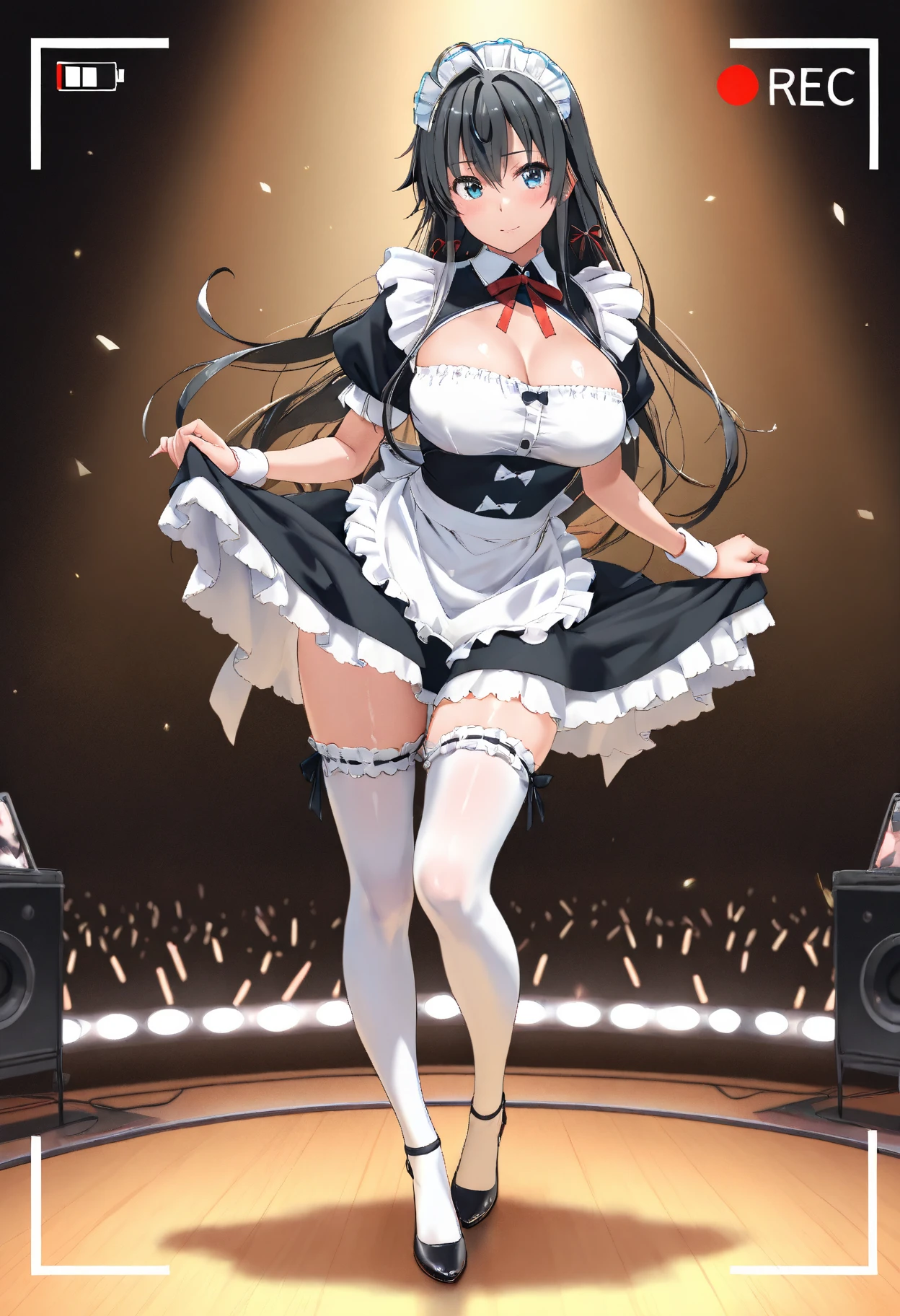 One Woman、Idol、Idolの服装、AKB&#39;s clothing、Live Performance Venues、Large crowd、beautiful girl, Highest quality,Cover the screen with your butt,  Black Pantyhose, panties under pantyhose、Thick thighs、Big 、Big Ass、Black Hair、Sweaty pantyhose、Angle from directly below、Sweaty crotch、Intense dancing、dance、Microphone in one hand、A vibrator in one hand、Orgasmic face、Face of ecstasy、Love juice