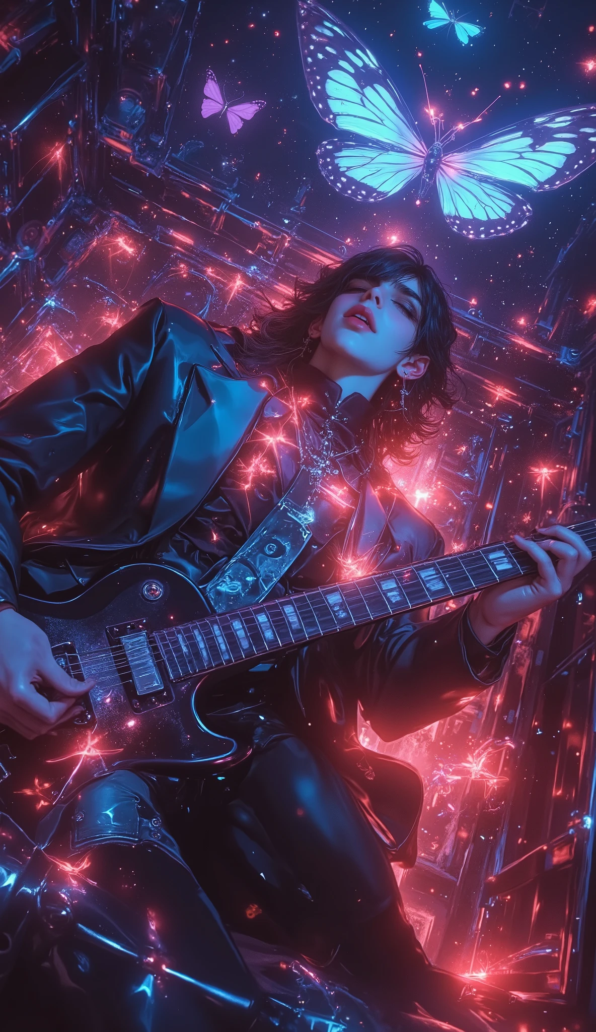 masterpiece, ultra highres, best quality, sonic dreamscape visualization, main focus: ethereal guitarist performing soul-touching solo, intense emotion visible as light waves emanating from fingers on fretboard, passionate male vocalist with head thrown back in powerful falsetto, energy streams connecting musician to cosmos detailed features: electric guitar producing visible sound waves in neon blue and purple, vocalist's voice visualized as golden light streams, synth waves creating geometric patterns in air, emotional energy manifesting as aurora-like waves, musical notes transforming into butterflies performance elements: guitar strings glowing with electric energy, hands moving at supernatural speed during virtuous solo, vocal cords visible through translucent skin glowing with power, hair floating in waves of sound energy environment: cosmic stage floating in space-time, geometric synth patterns creating architectural structures, chillwave visualized as flowing liquid light, complex arrangement shown as interweaving light streams of different colors lighting: dynamic stage lights synced to music intensity, electric blue guitar energy, golden vocal aura, purple synth waves, red passion streams atmosphere: epic musical transcendence, deep emotional immersion, raw power meeting technical precision, spiritual connection through music style elements: modern rock aesthetics meet digital art, quantum visualization of sound, light painting techniques