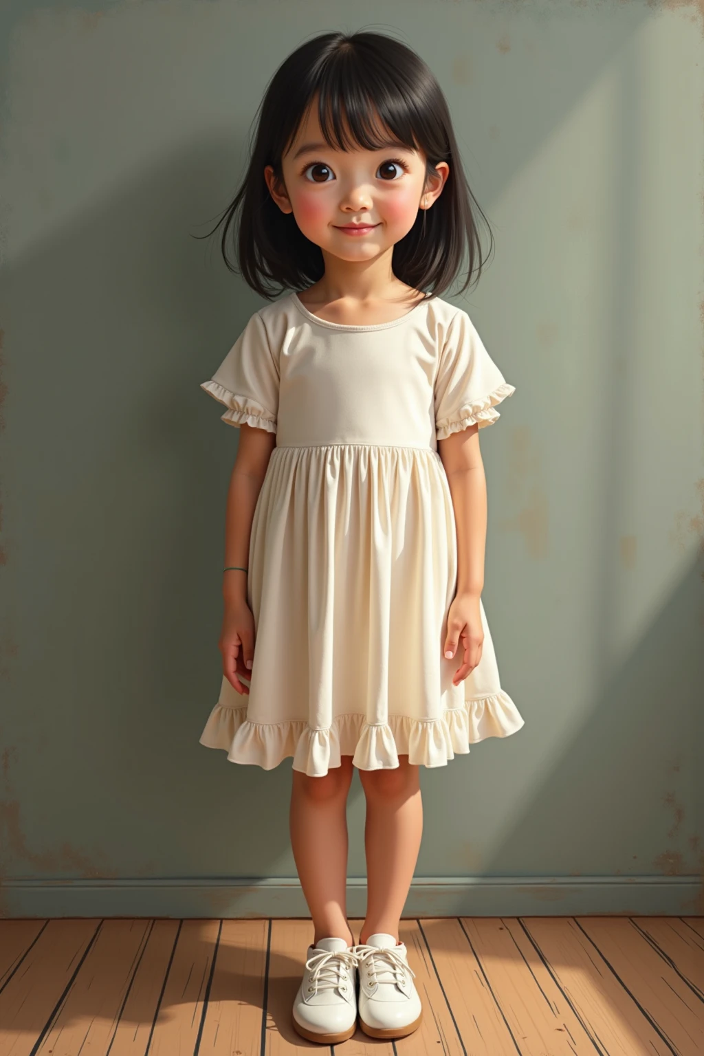 2 year old baby, , very short light brown hair,lightbrown eyes, yellow dress, minimalistic background, stop facing the camera, looking ahead