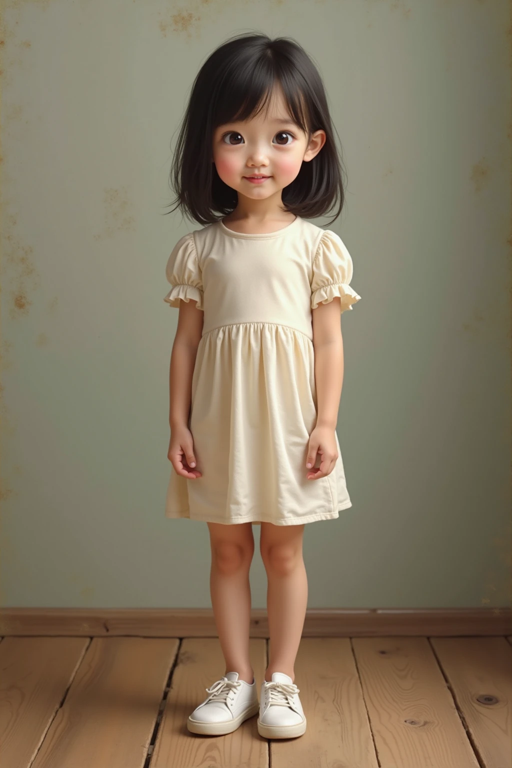 2 year old baby, , very short light brown hair,lightbrown eyes, yellow dress, minimalistic background, stop facing the camera, looking ahead