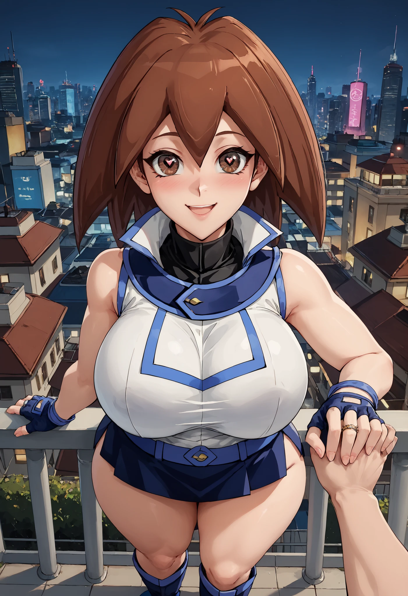 score_9, score_8_up, score_7_up,8k, absurd res, 1wa0 1girl, solo, looking at viewer, outdoors, standing, full body view, in love. Looking at viewer, S2Z0n1c21.5XL style, (yu-gi-oh gx), jasmine, 1 girl, solo, brown eyes, short hair, reddish-brown hair, blue white duel academy uniform, sleeveless jacket, blue skirt, turtleneck, blue boots, blue fingerless gloves, hard nipples under uniform, ((huge breasts, huge butt, huge buttcheeks, huge thick thighs, curvy wide hips,)) male pov, light skin male, male wearing dark blue fingerless gloves, blush, sexy smile, happy, in love, hearts in pupils, hearts above head, male pov, proposal, hand over mouth, male holding wedding ring hand, Dark blue and black wedding ring, Sapphire gem on wedding ring, at night, On balcony, neon lite cityscape
