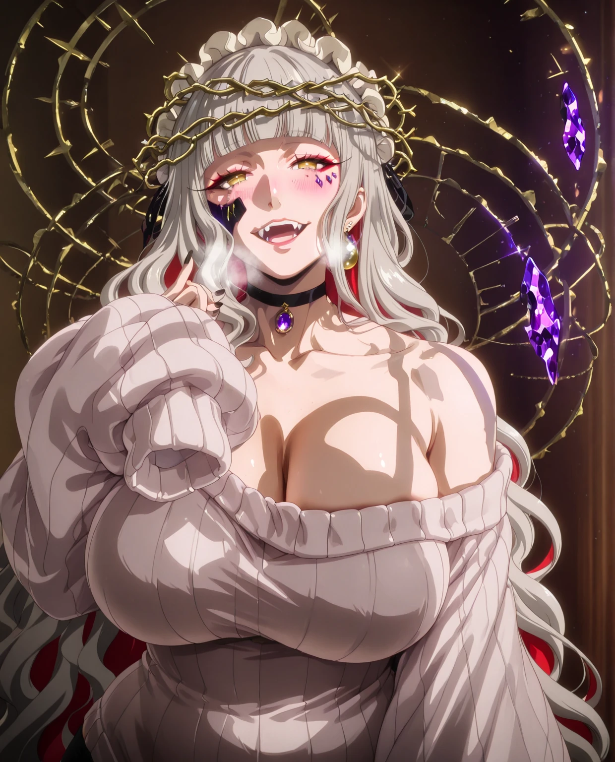 ((anatomical correct)), ((Cinematic, unreal engine, eye-catching, ambient occlusion, UHD, masterpiece)), ((perfect lighting, soft shadow)), perfect body, perfect eyes, perfect fingers, gasping, heavy breathing, gasping profusely, ((skindentation)), ((curvy)), ode to joy, very long hair, grey hair, wavy hair, colored inner hair, red inner hair, headdress, crown of thorns, blunt bangs, red eyeshadow, long eyelashes, yellow eyes, mark under eye, broken mask, face jewel, purple jewel, black nails, (voluptuous:1.5), (mature female:1.5), 1girl, jewelry, earrings, breasts, solo, glowing, choker, open_mouth, smile, blush, looking_at_viewer, fangs, collarbone, sleeves_past_fingers, bare_shoulders, sleeves_past_wrists, black_choker, sweater, half-closed eyes