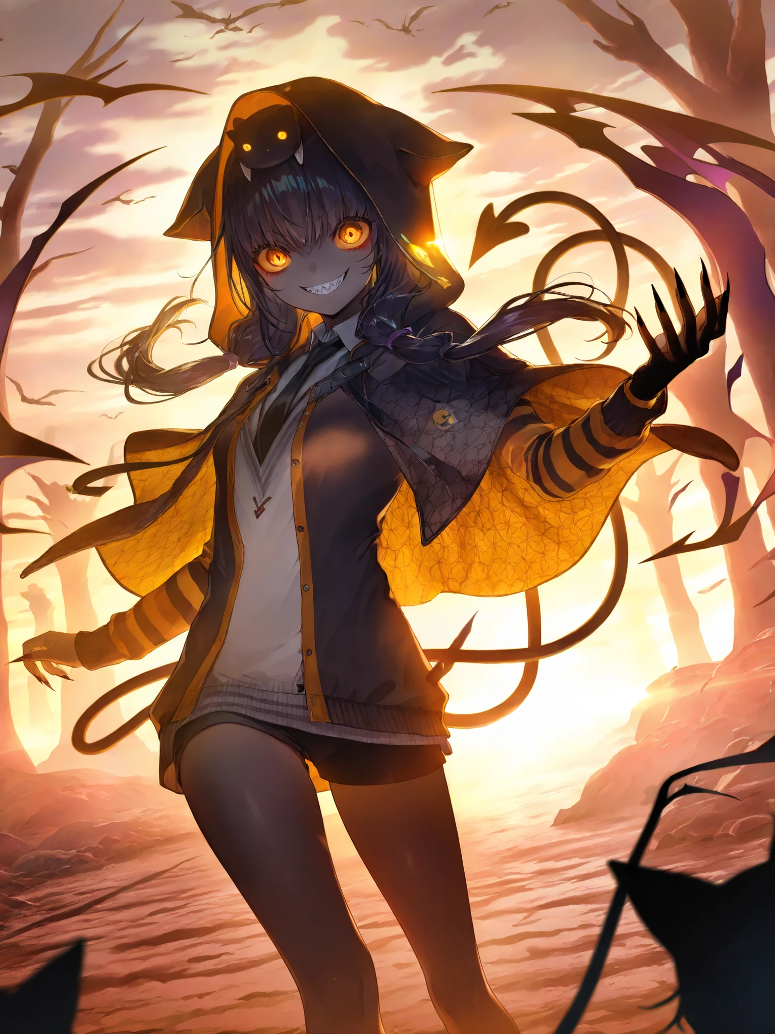 (solo:1.3), 1girl\(devil, beautiful, evil, (pure black skin),sharp teeth,cute,cute,big eyes,Murderer Smile,(long nails),long hair、bungs、animal ears、wearing a hood、STRIPED JACKET、cat ears、twin tail、yellow eyes、dark haired、(低いtwin tail)、chest、偽のanimal ears、black jacket、(((black hooded jacket)))、鈍いbungs,(Asakura Karen),orange sclera , Detailed Students,wearing a capelet\(very big,(is very long),Tattered,(Traditional_Pattern:1.2),very elaborate face,\), Backlit,Flying\). BREAK .Background\(Detailed Dead Trees, Ties,Dark Scary Atmosphere \),(dynamic angle:1.2). BREAK .masterpiece, high score, great score, very aesthetic, high resolution, Ultra Radial Details from, absurd, Newest, Scenery, depth of field,3D