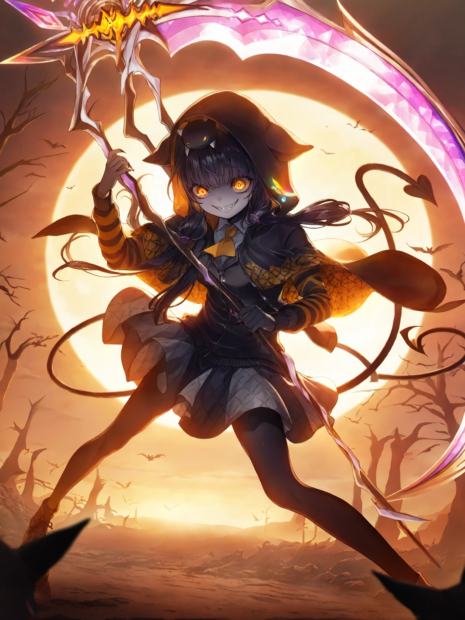 (solo:1.3), 1girl\(devil, beautiful, evil, (pure black skin),sharp teeth,cute,cute,big eyes,Murderer Smile,(long nails),long hair、bungs、animal ears、wearing a hood、STRIPED JACKET、cat ears、twin tail、yellow eyes、dark haired、(低いtwin tail)、chest、偽のanimal ears、(black jacket)、(((black hooded jacket)))、(pretz skirt),鈍いbungs,(((I have a big scythe))),(Asakura Karen),orange sclera , Detailed Students,wearing a capelet\(very big,(is very long),Tattered,(Traditional_Pattern:1.2),very elaborate face,\), Backlit,Flying\). BREAK .Background\(Detailed Dead Trees, Ties,Dark Scary Atmosphere \),(dynamic angle:1.2). BREAK .masterpiece, high score, great score, very aesthetic, high resolution, Ultra Radial Details from, absurd, Newest, Scenery, depth of field,3D