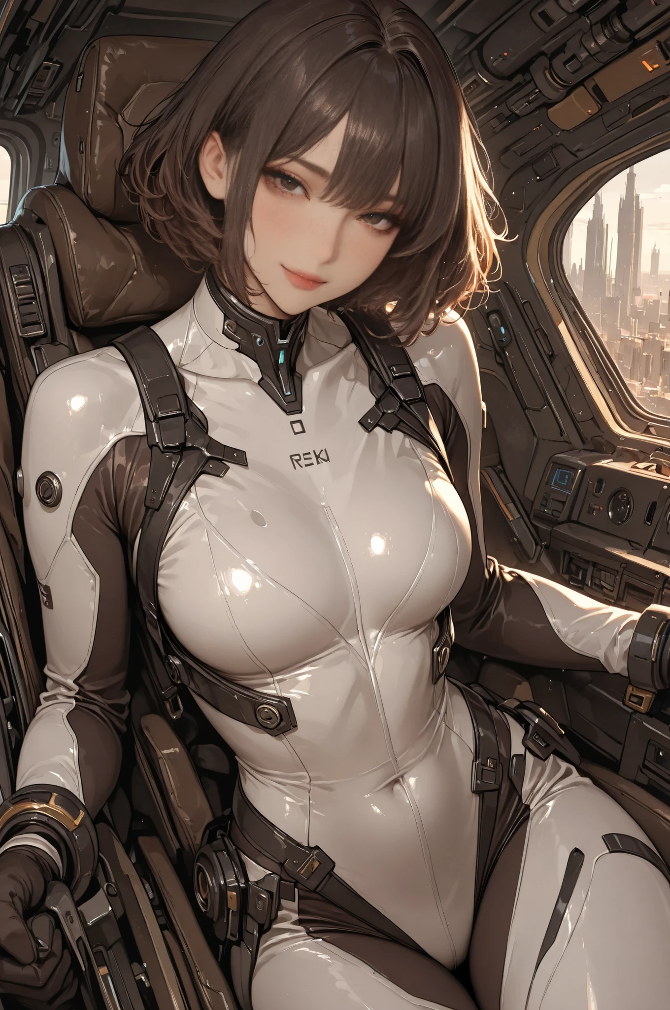 1female,35yo,plumw,extremely large bosom, solo,(Background with:Huge machinery,droid,aerodrome,Planes,Huge mechanical armor,) She has very short black hair,bobo head,Stand on the plane,,seen from the front, hair straight, mostly cloudy sky,(((tmasterpiece),(Very detailed CG unity 8K wallpaper),best qualtiy,cinmatic lighting,detailed back ground,beatiful detailed eyes,Bright pupils,Blue eyes,Snow-whiteskin,Redlip(Very fine and beautiful),(Beautiful and detailed eye description),ultra - detailed,tmasterpiece,))facing at camera,A high resolution,ultra - detailed),revealing breasts,Bare genitalia, Bulge,legs are open,Raised sexy,Camel toes,Flushed complexion,Desire for dissatisfaction,frontage,British Air Force,Aviator,Officer's cap(Wearing:blazer jacket,tailcoat,White color blouse,a black bowtie,Black pantyhose,Gold wire embroidery,Armour,Bare breasts)cyber punk style,detailed eyes, detailed hands, detailed face