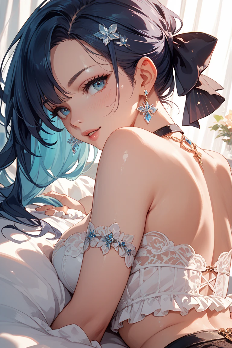 ((highest quality)), ((masterpiece)), (get used to it), perfect face , beautiful girl , beautiful long black hair , beautiful light blue eyes , In underwear ,  Light blue roses scattered , lie on the bed ,